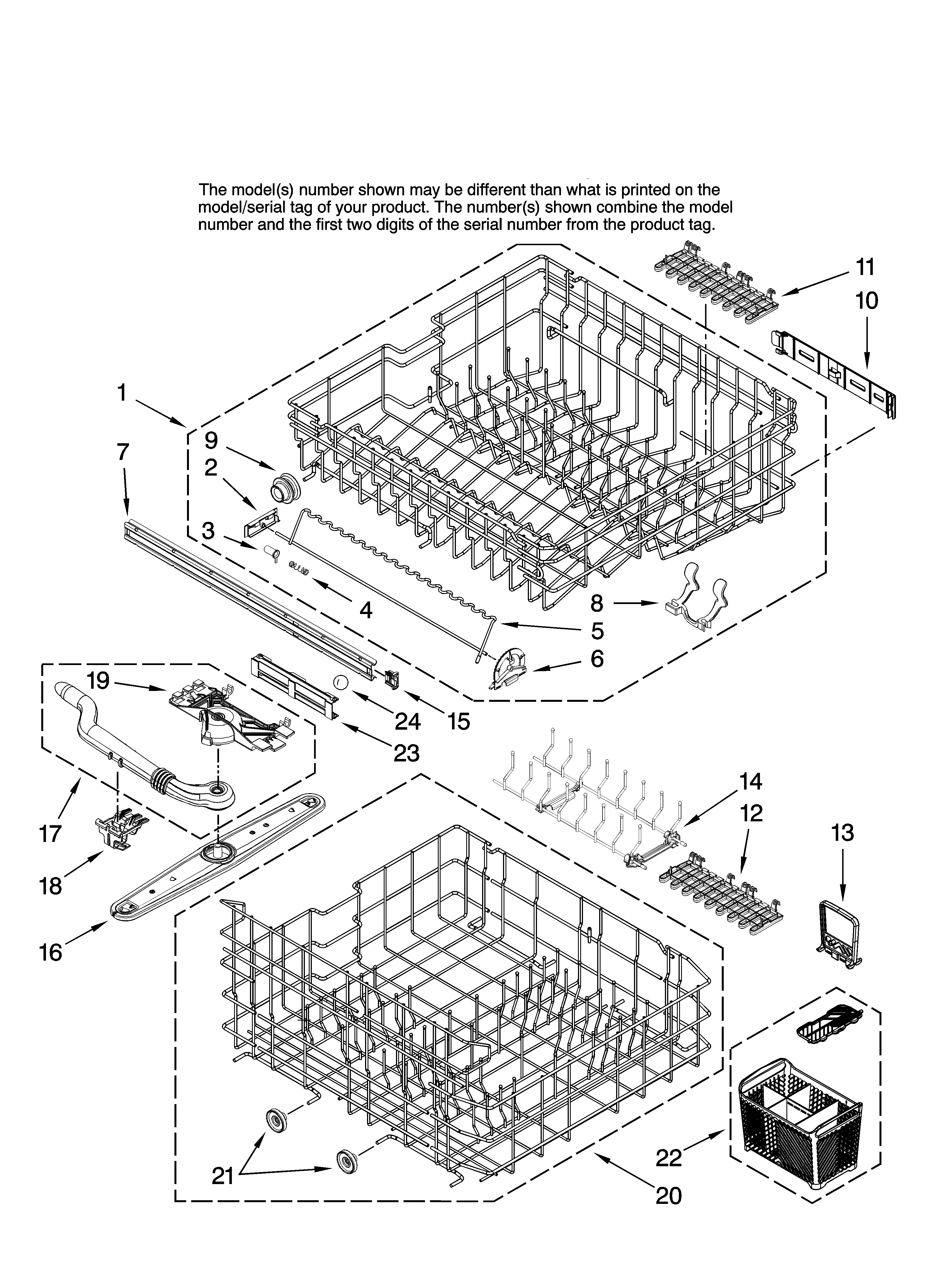 Jenn-Air JDB1080AWB42 upper and lower rack parts diagram