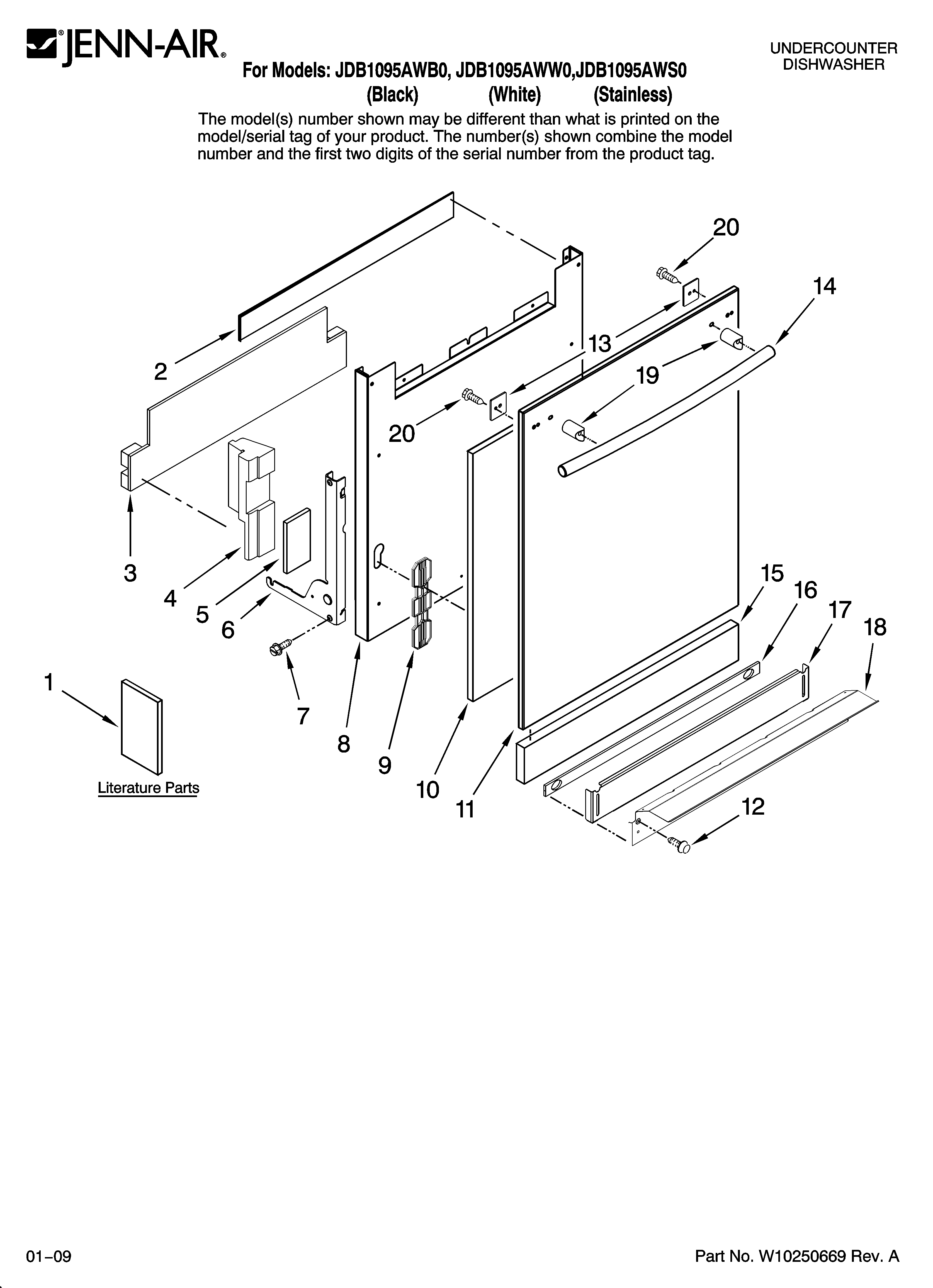 Jenn-Air JDB1095AWS0 door and panel parts diagram