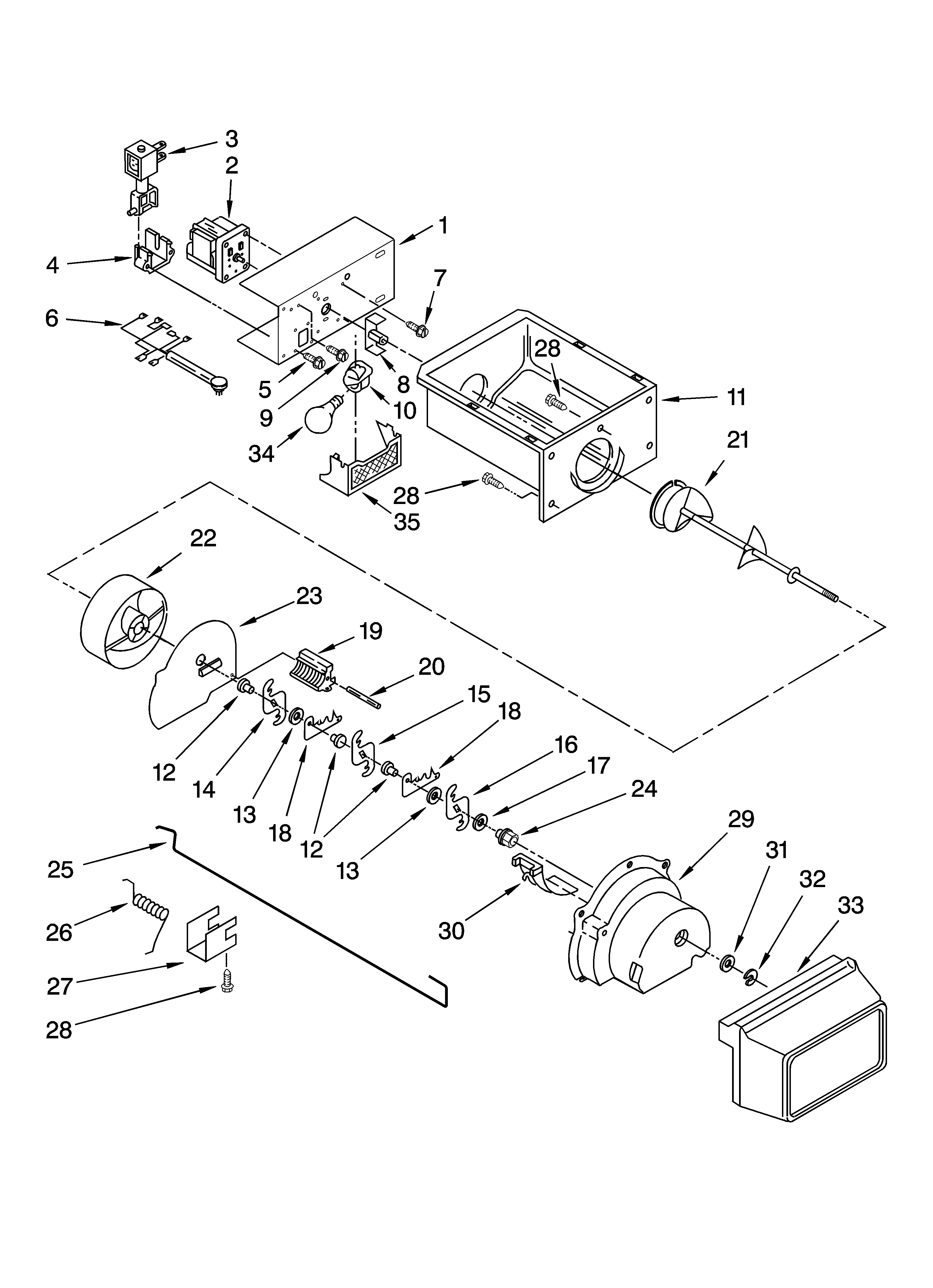Maytag MSD2542VEW01 motor and ice container parts diagram