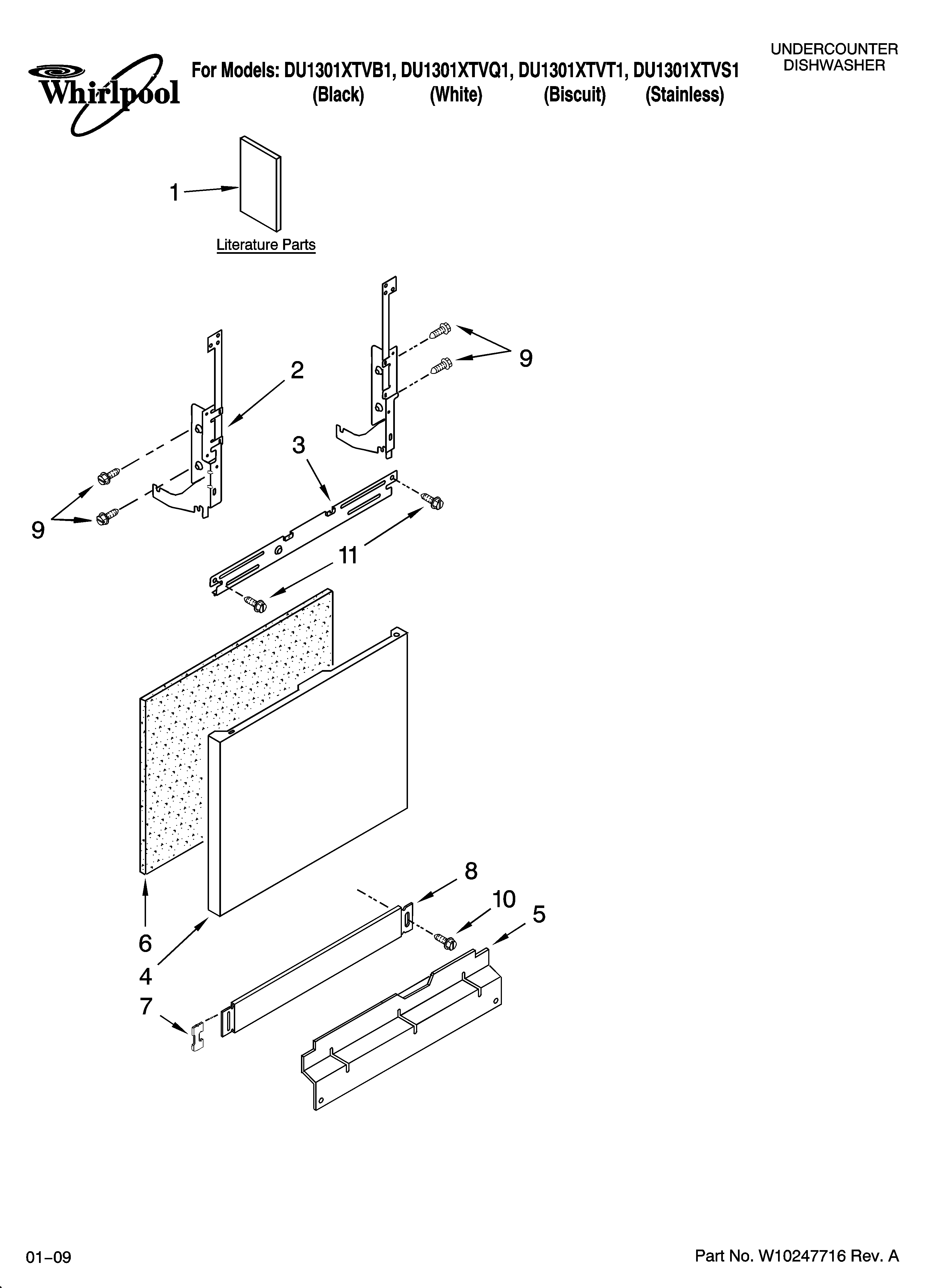 Whirlpool DU1301XTVB1 door and panel parts diagram