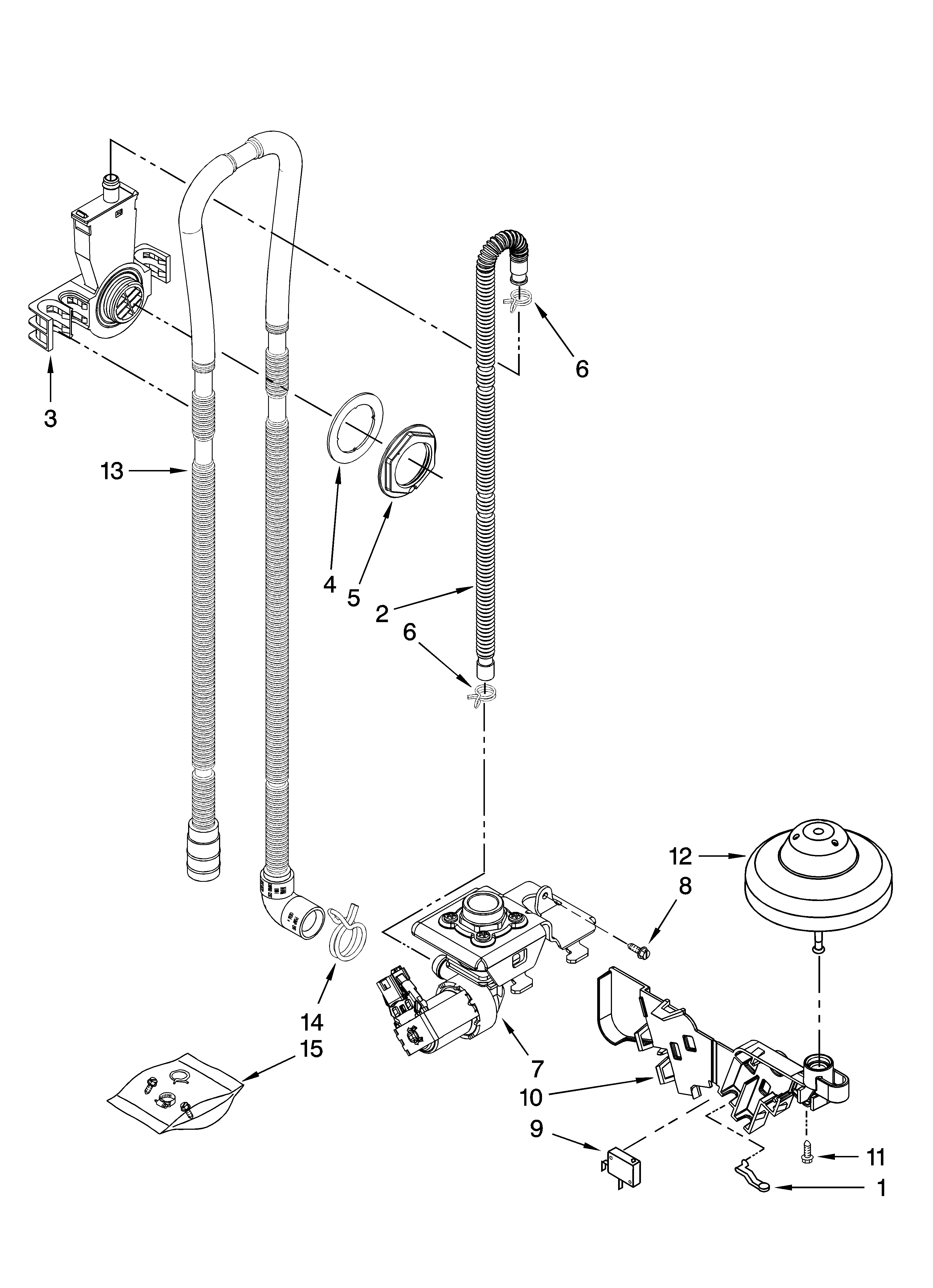 Whirlpool DU1301XTVB1 fill, drain and overfill parts diagram
