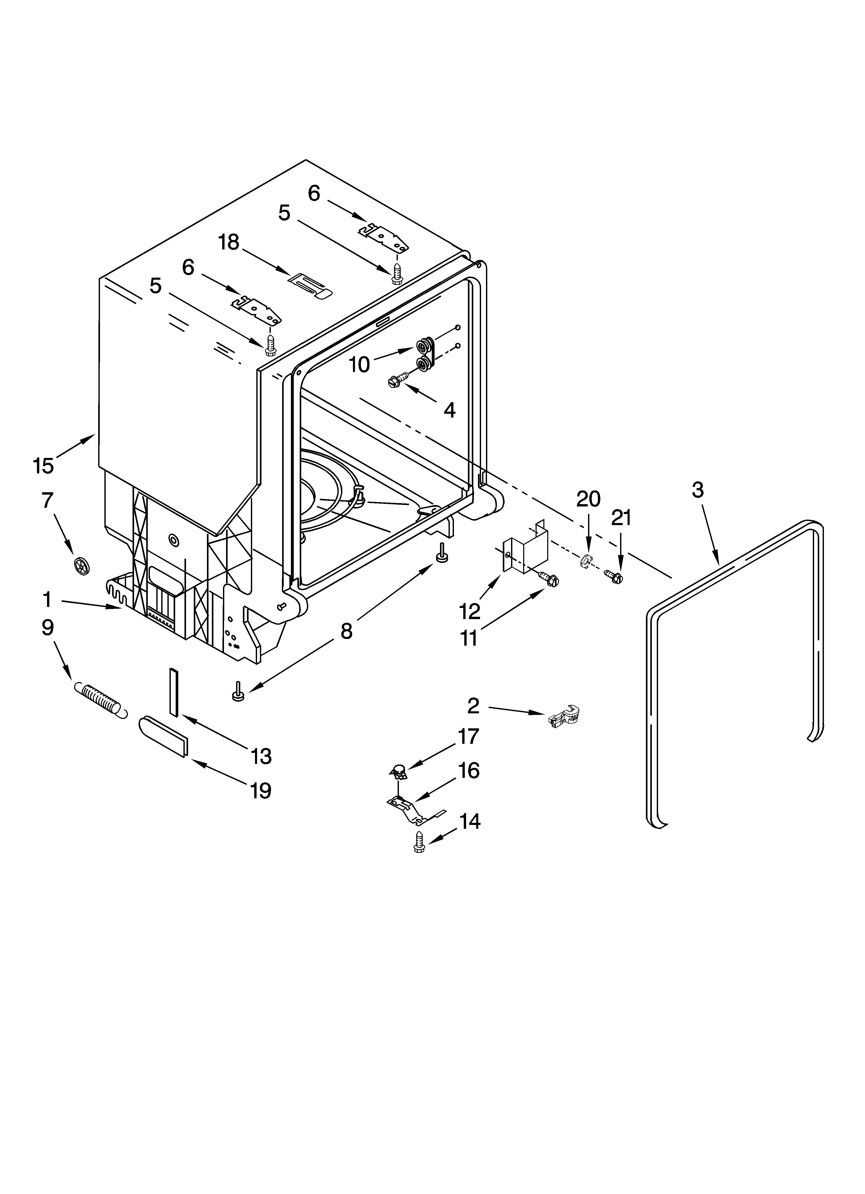 Whirlpool DU1301XTVB1 tub and frame parts diagram