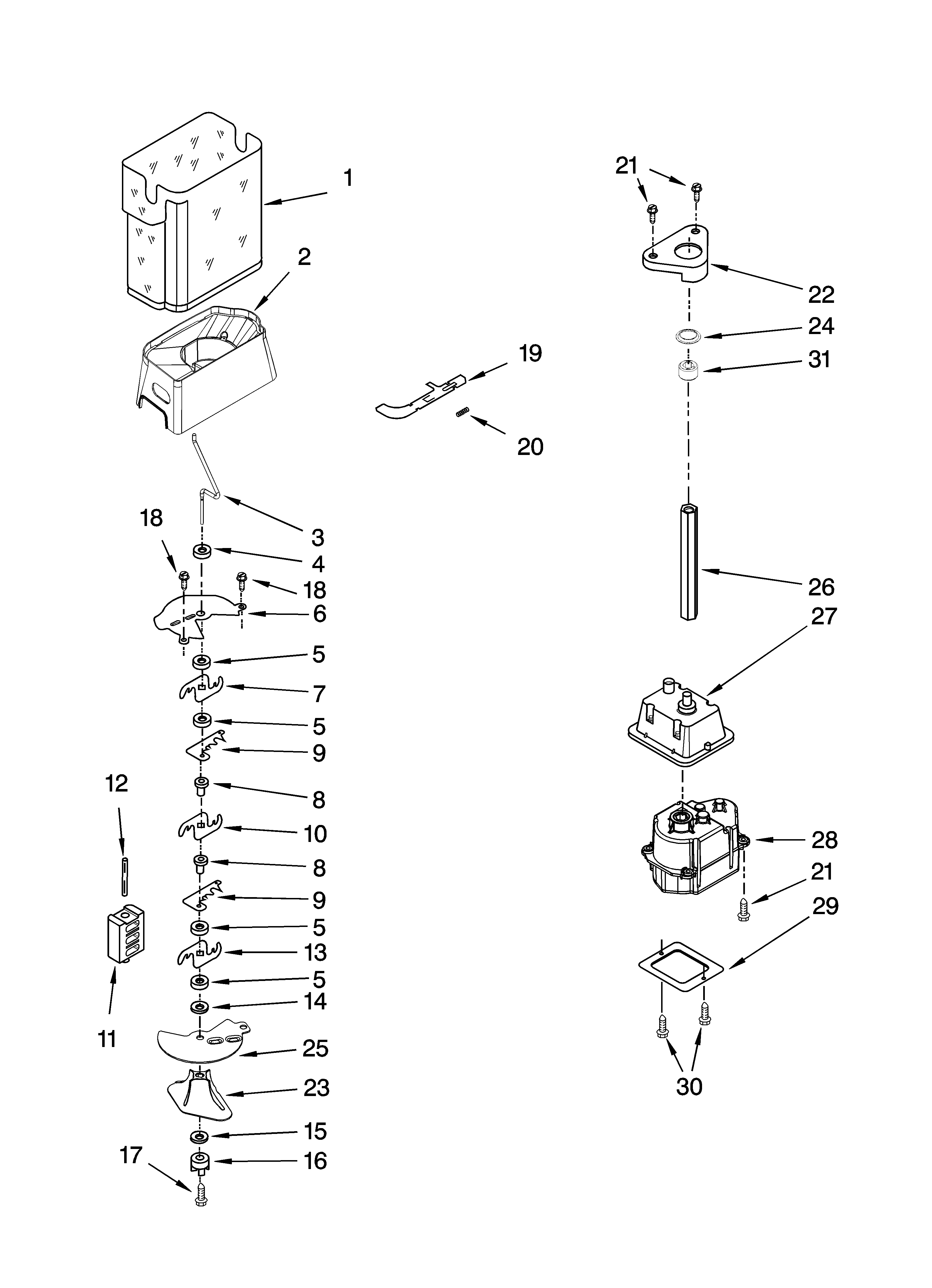 Whirlpool ED5FHAXVQ01 motor and ice container parts diagram