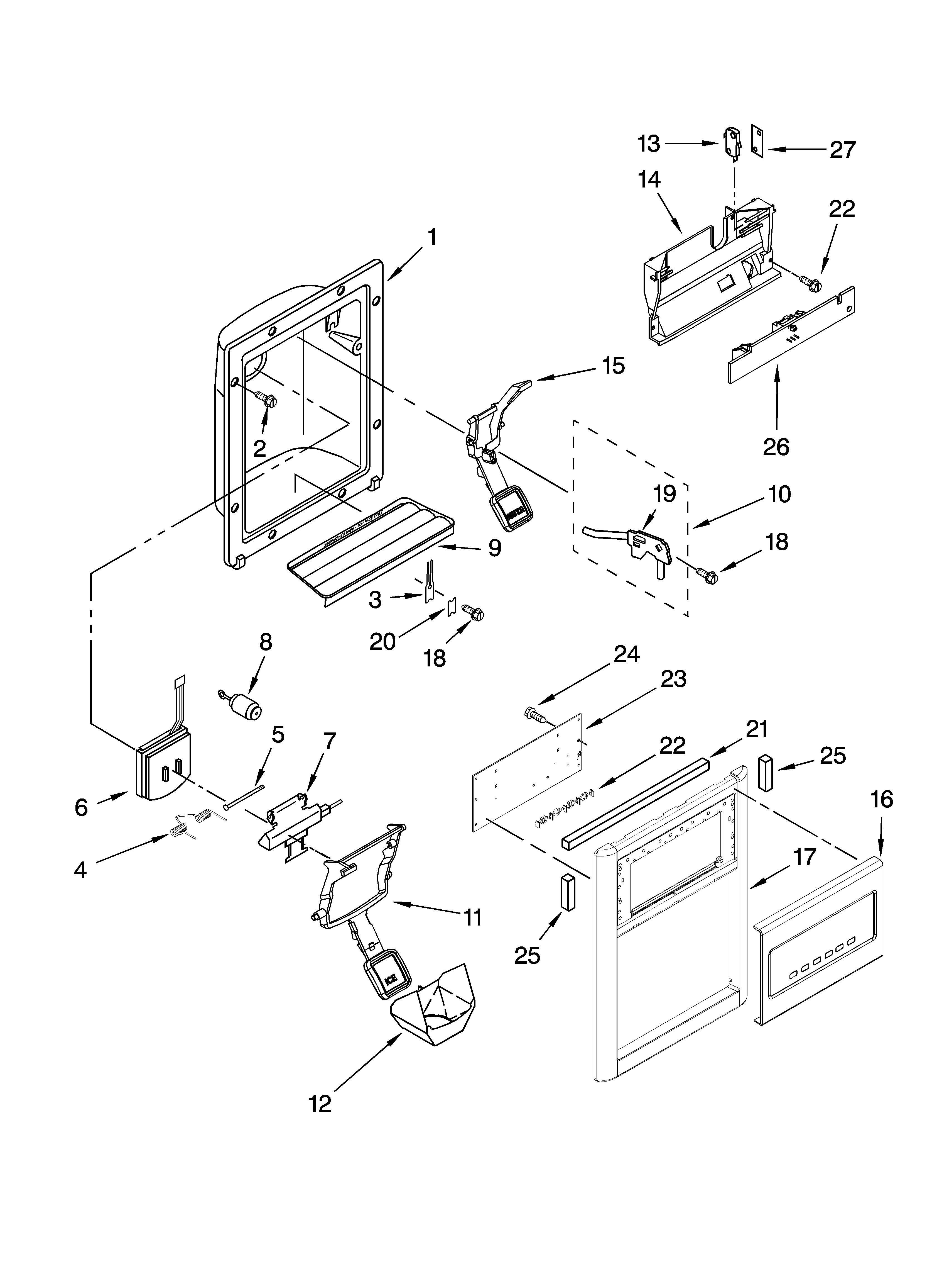 KitchenAid KSRG25FVMS01 dispenser front parts diagram