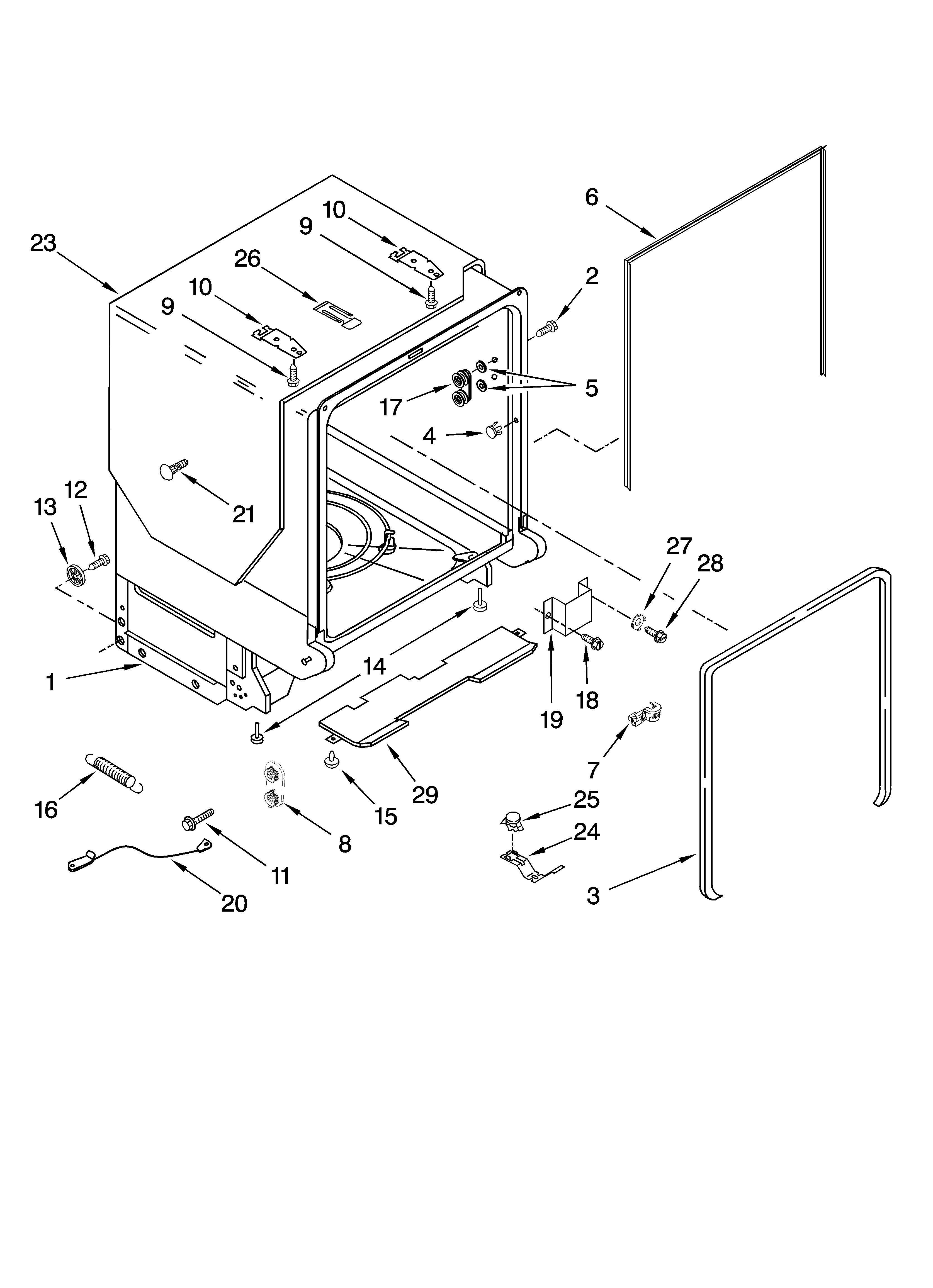 KitchenAid KUDC03IVBS0 tub and frame parts diagram