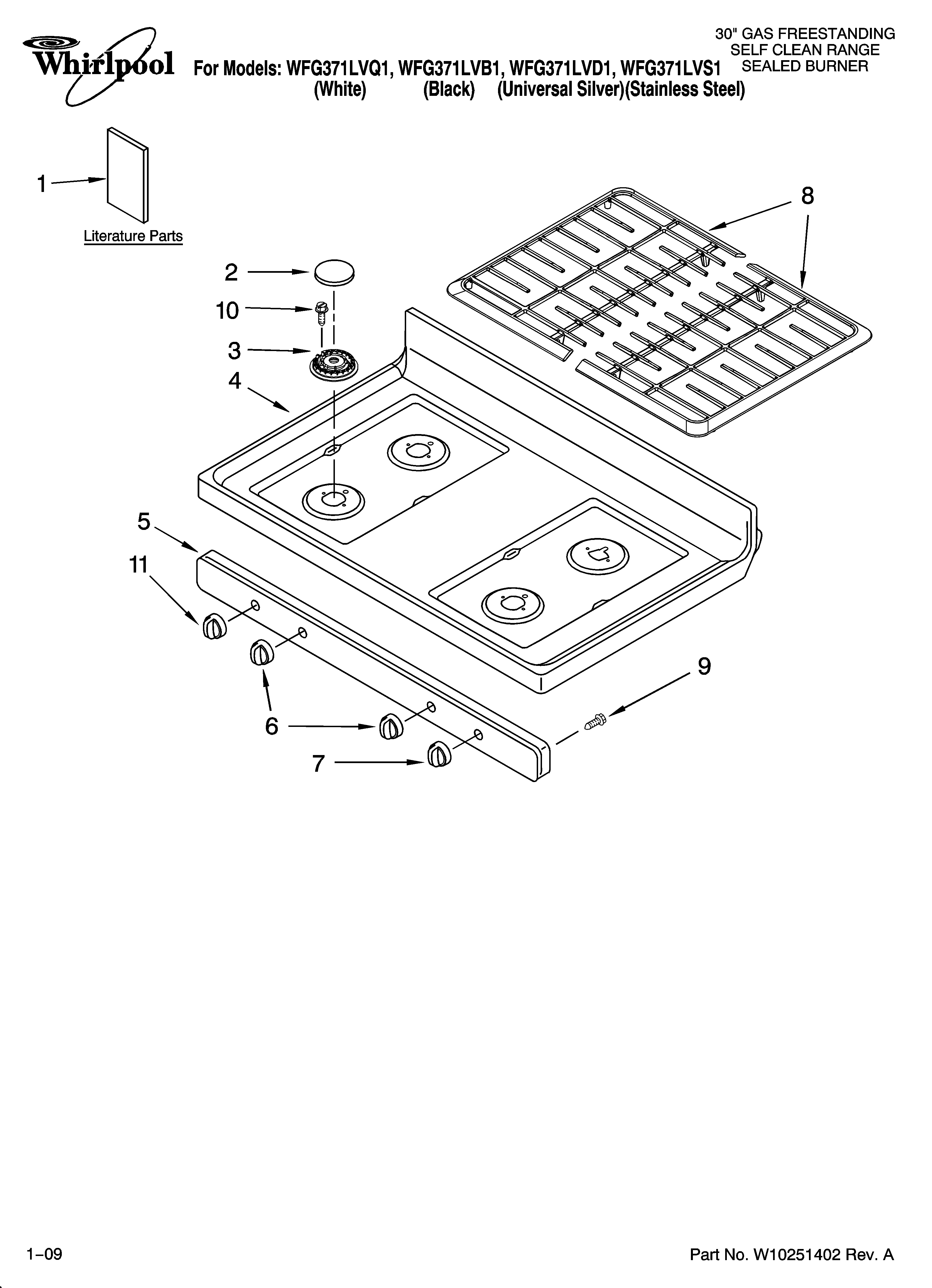 Whirlpool WFG371LVD1 cooktop parts diagram