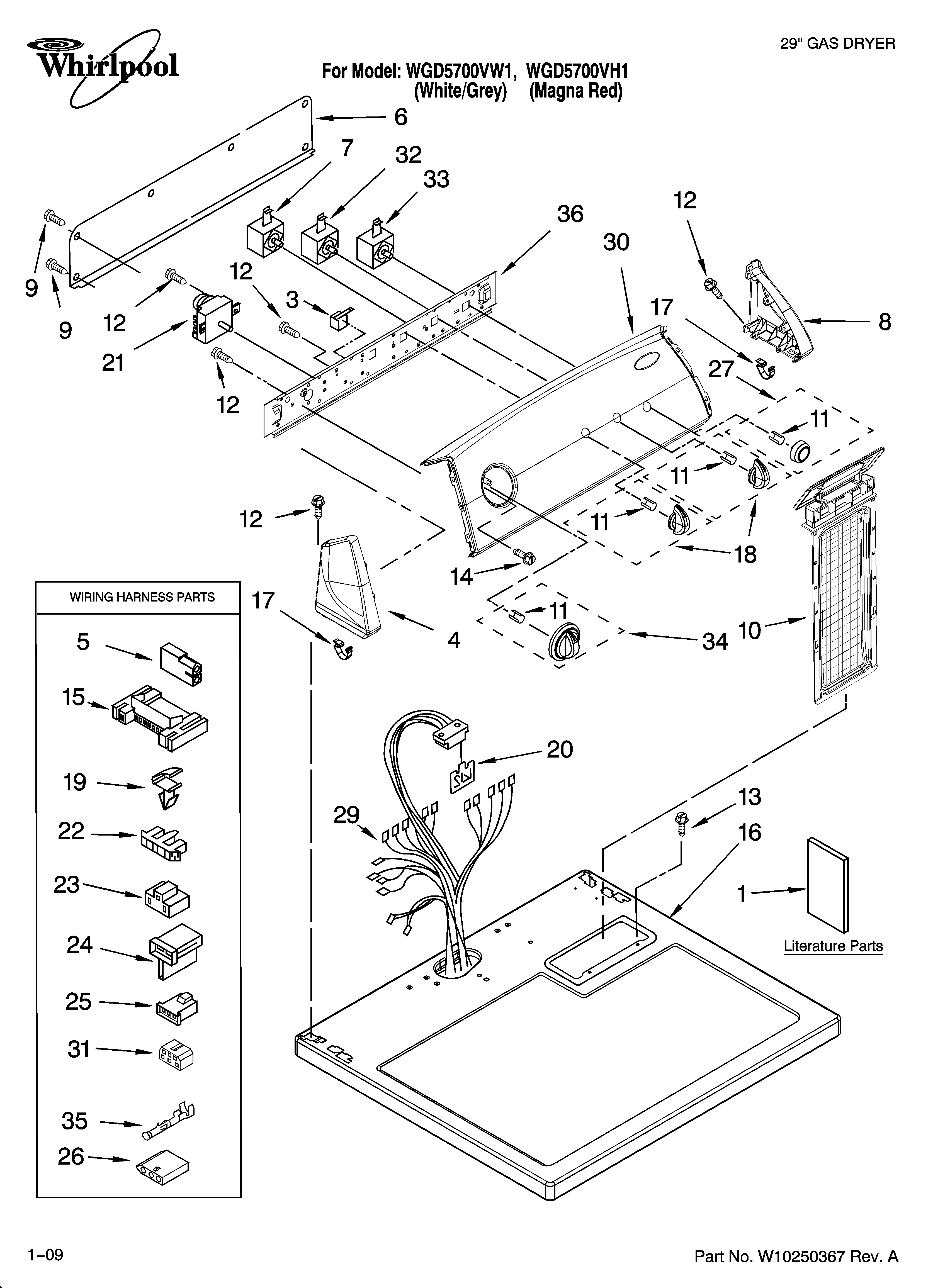 Whirlpool WGD5700VW1 top and console parts diagram