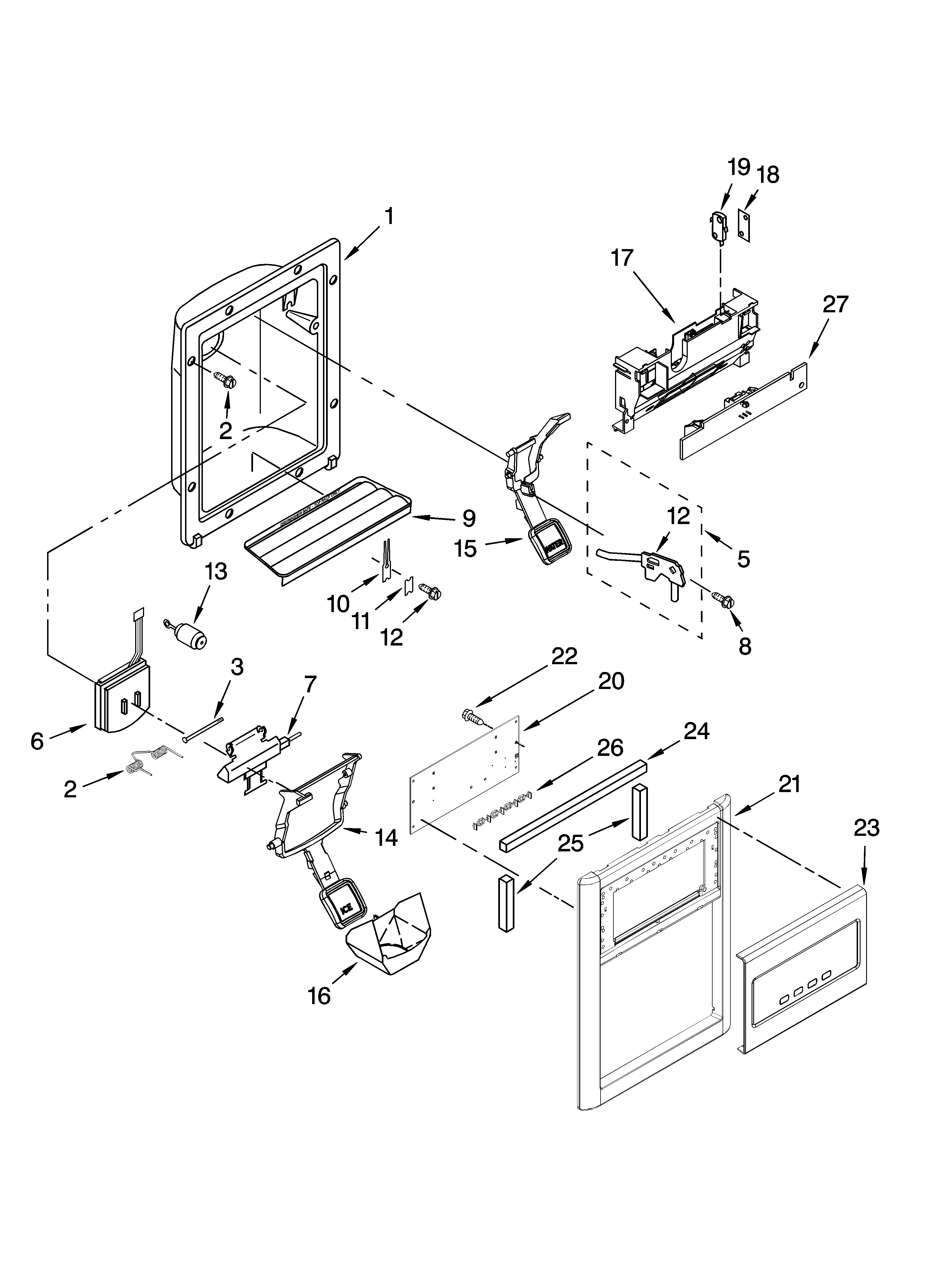 Whirlpool GD5DHAXVY02 dispenser front parts diagram