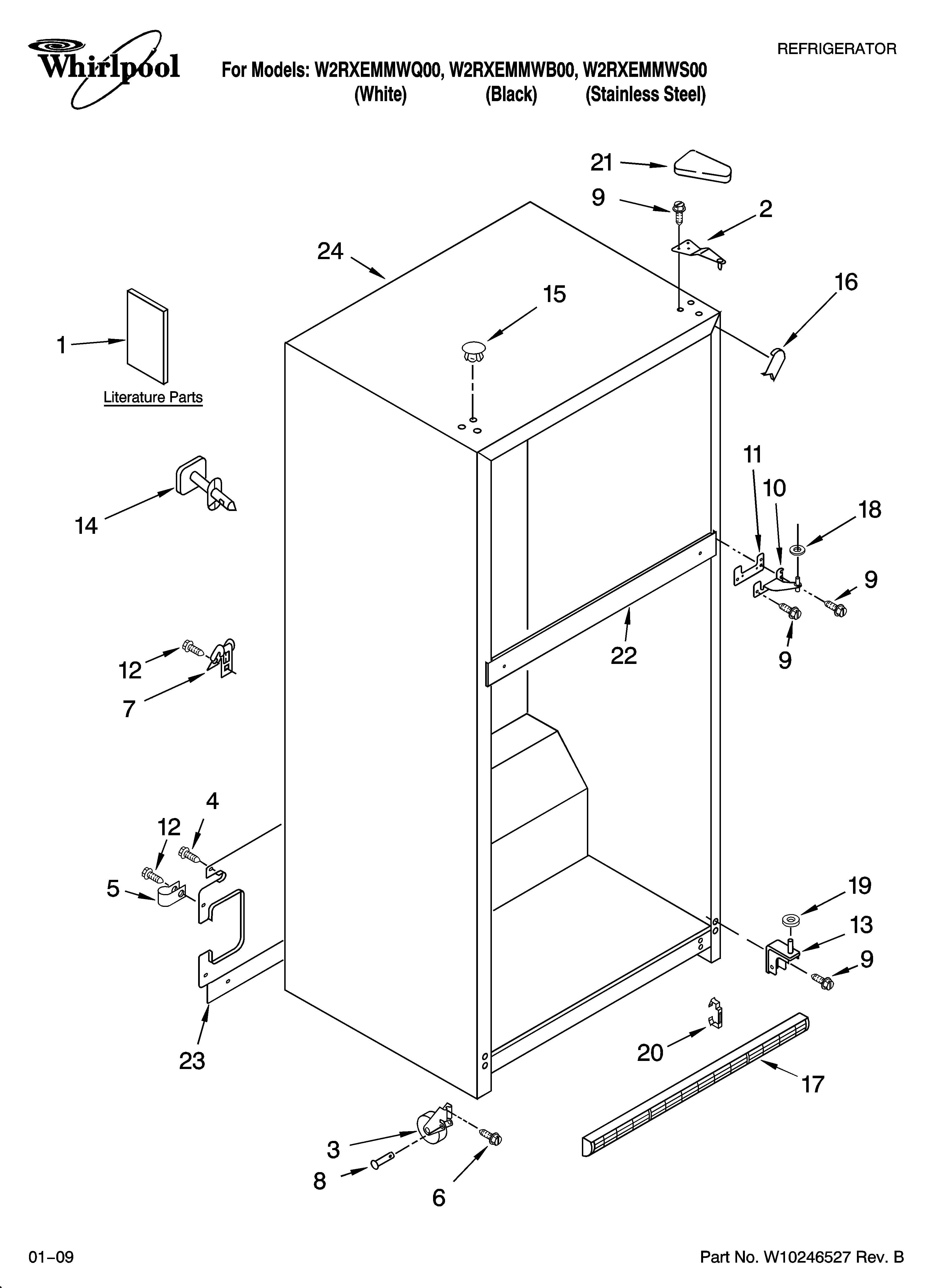 Whirlpool W2RXEMMWB00 cabinet parts diagram