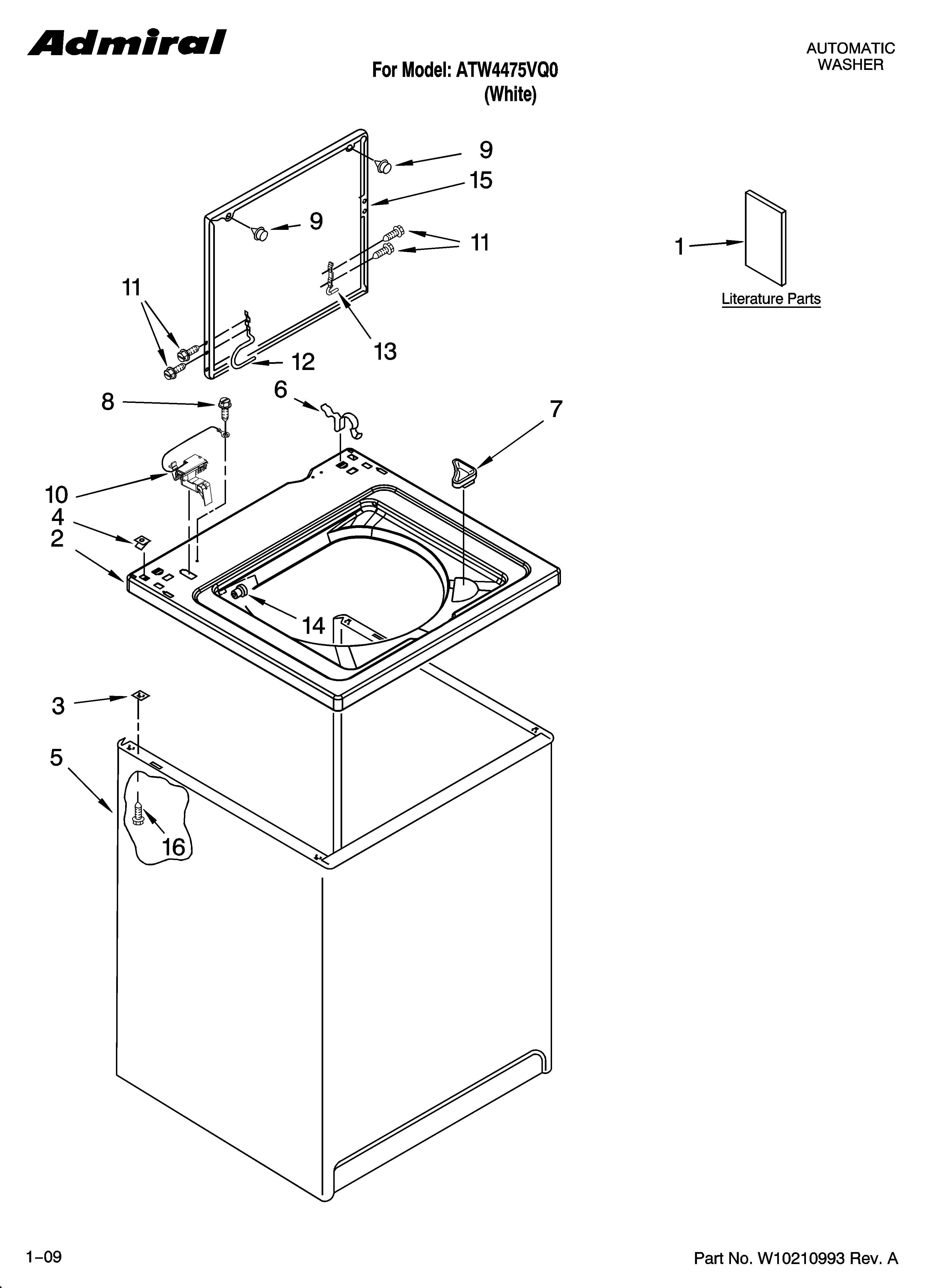 Admiral ATW4475VQ0 top and cabinet parts diagram
