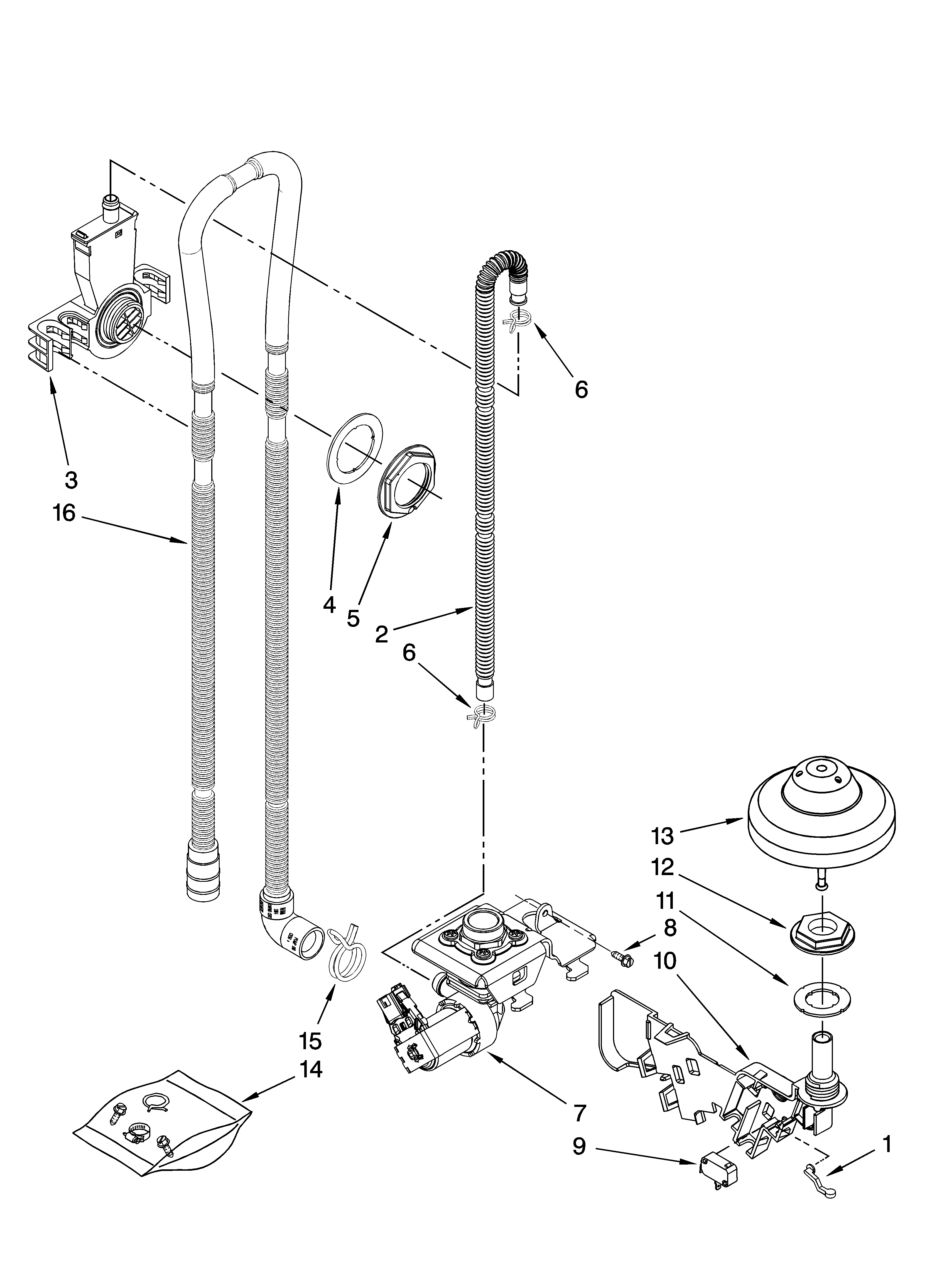 KitchenAid KUDE60FVBL0 fill, drain and overfill parts diagram
