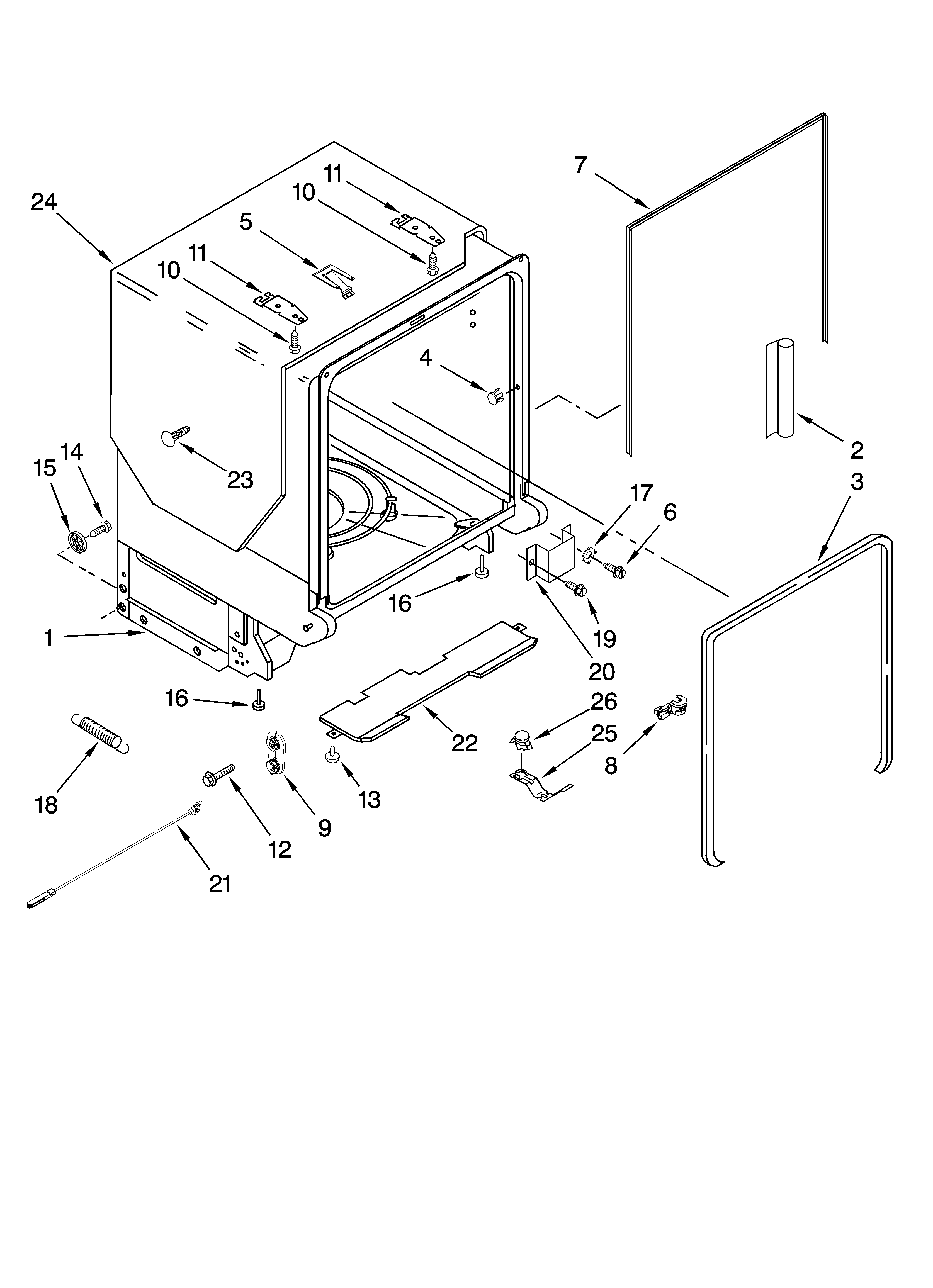 KitchenAid KUDE60FVBL0 tub and frame parts diagram
