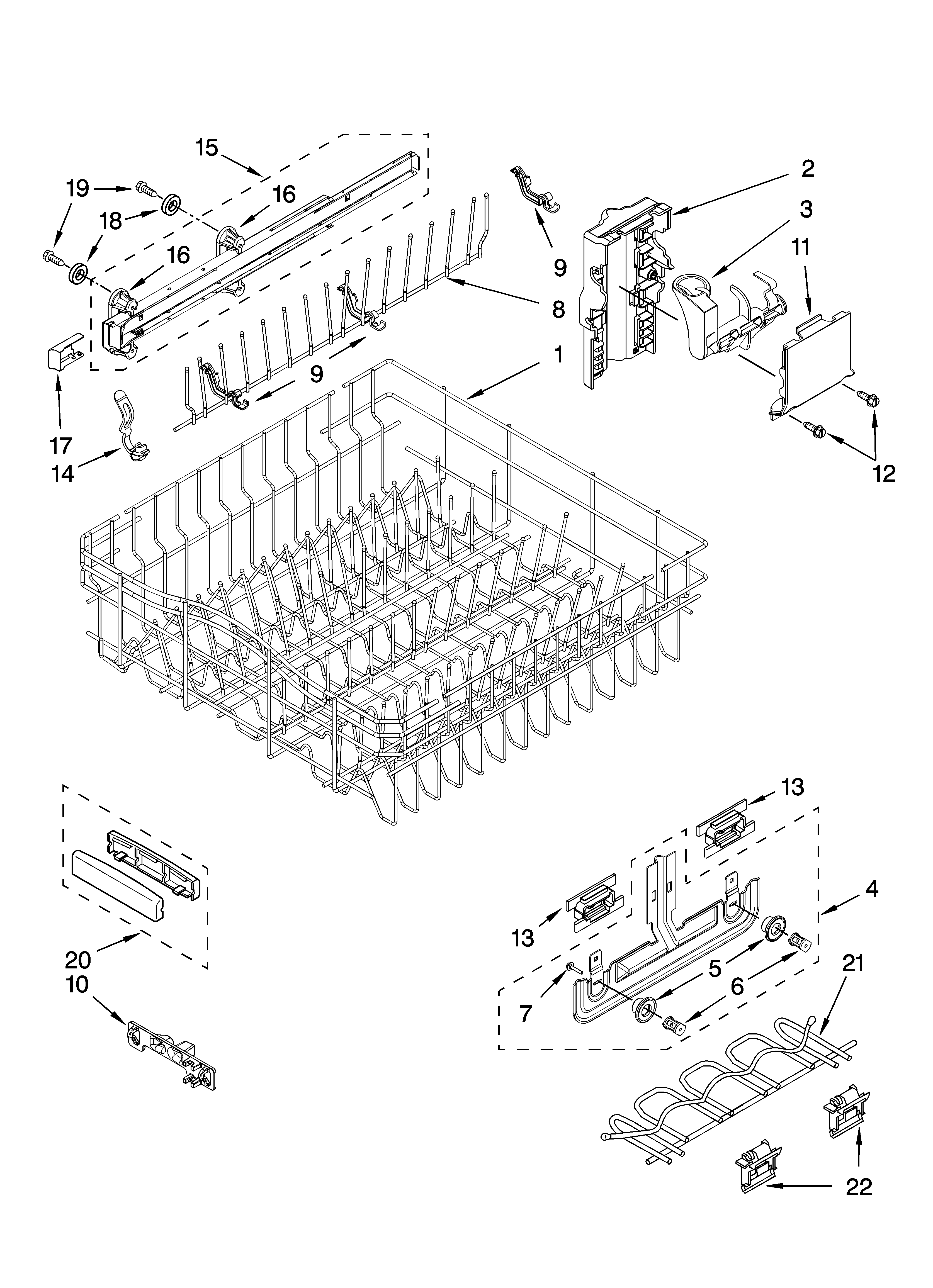 KitchenAid KUDE60FVBL0 upper rack and track parts diagram