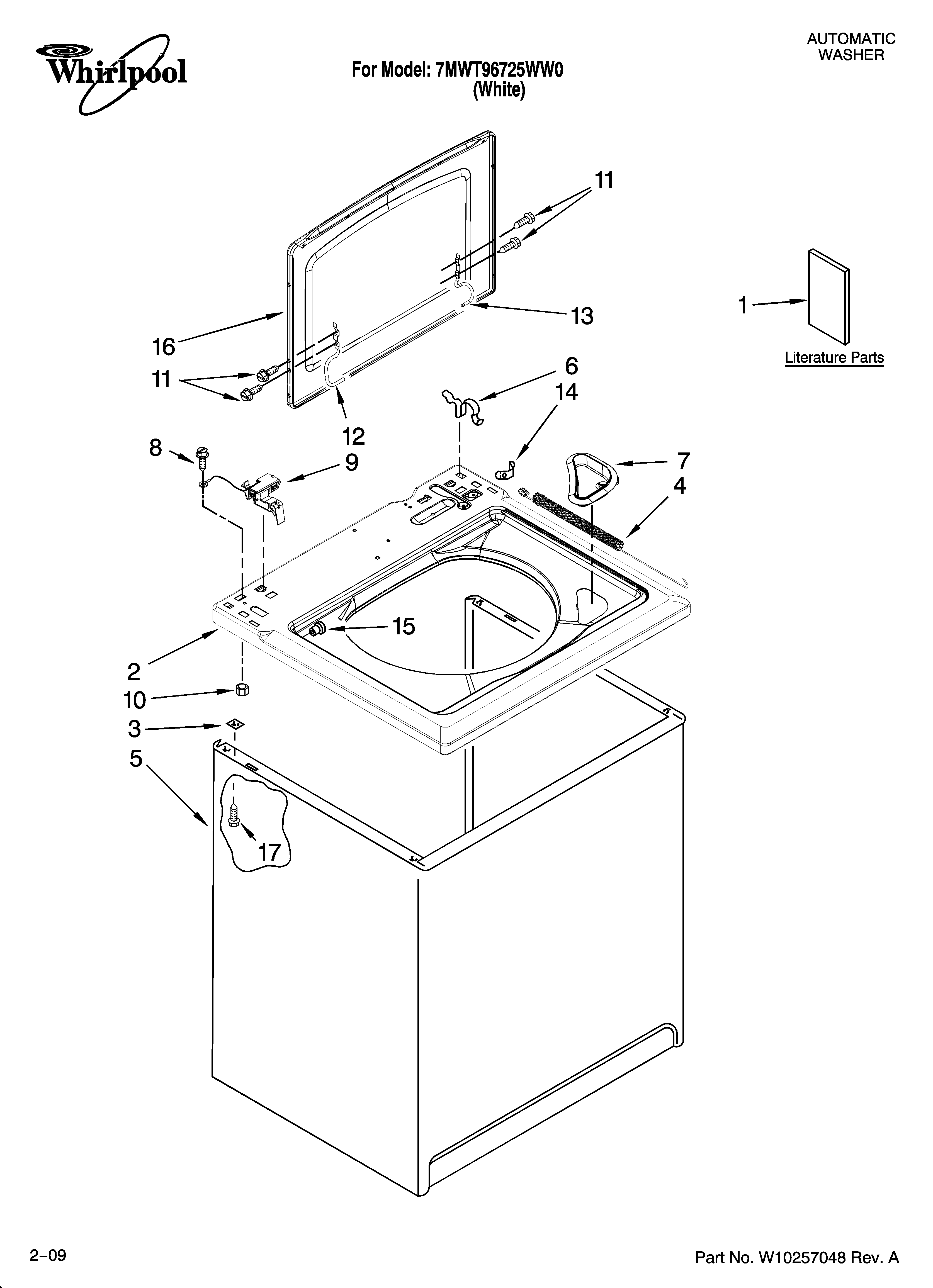 Whirlpool 7MWT96725WW0 top and cabinet parts diagram