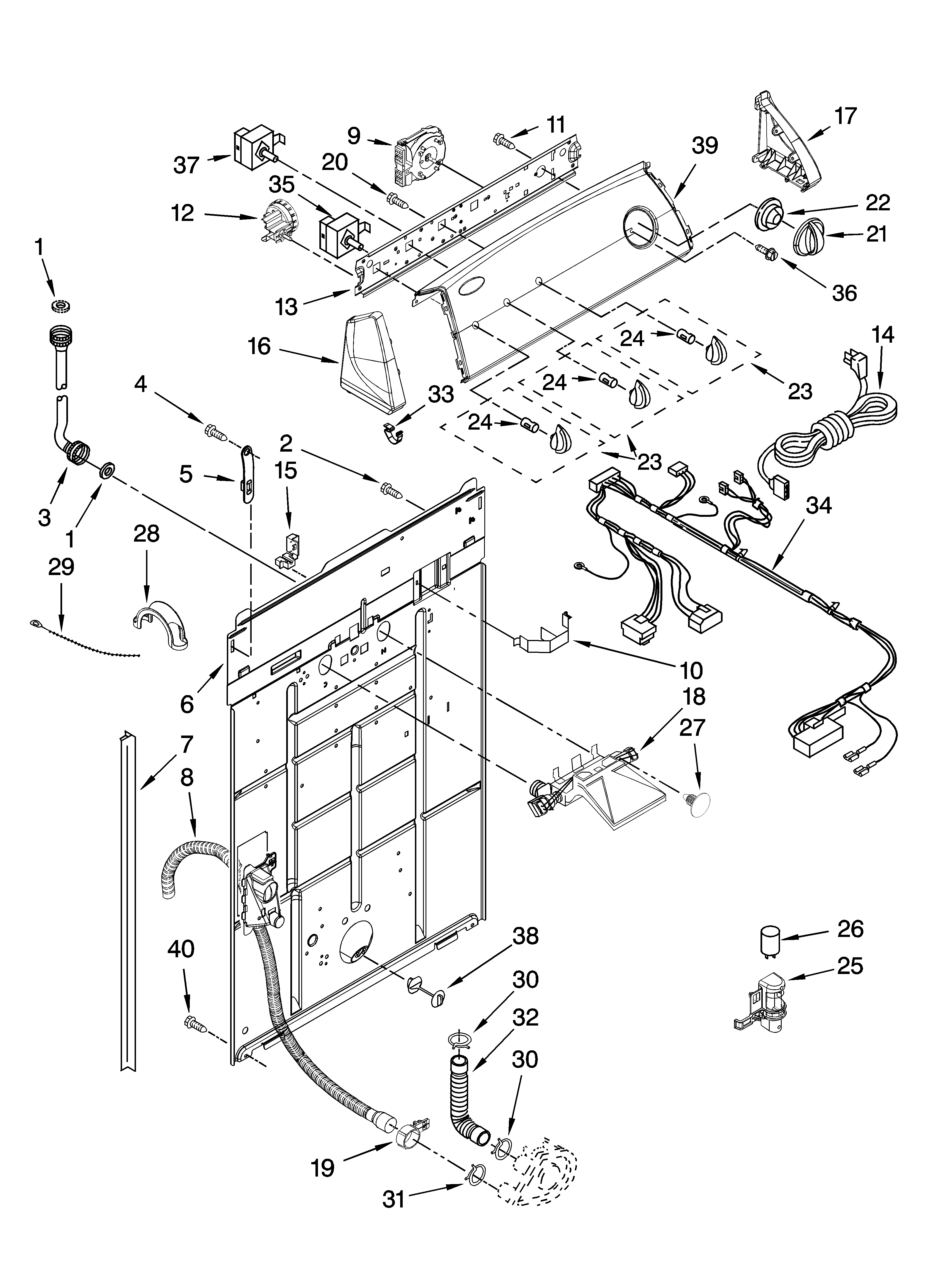 Whirlpool 7MWT96725WW0 controls and rear panel parts diagram