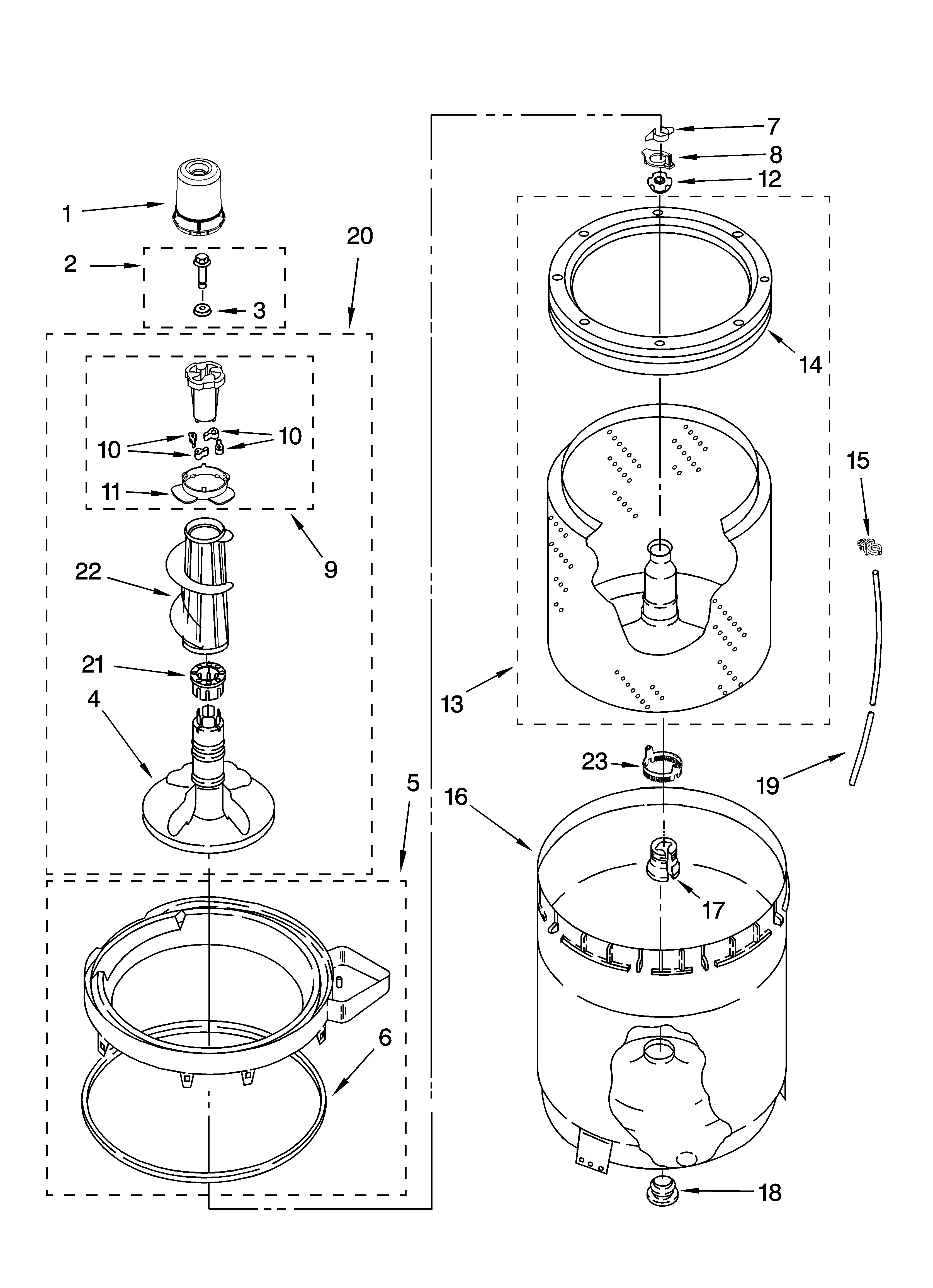 Whirlpool 7MWT96725WW0 agitator, basket and tub parts diagram