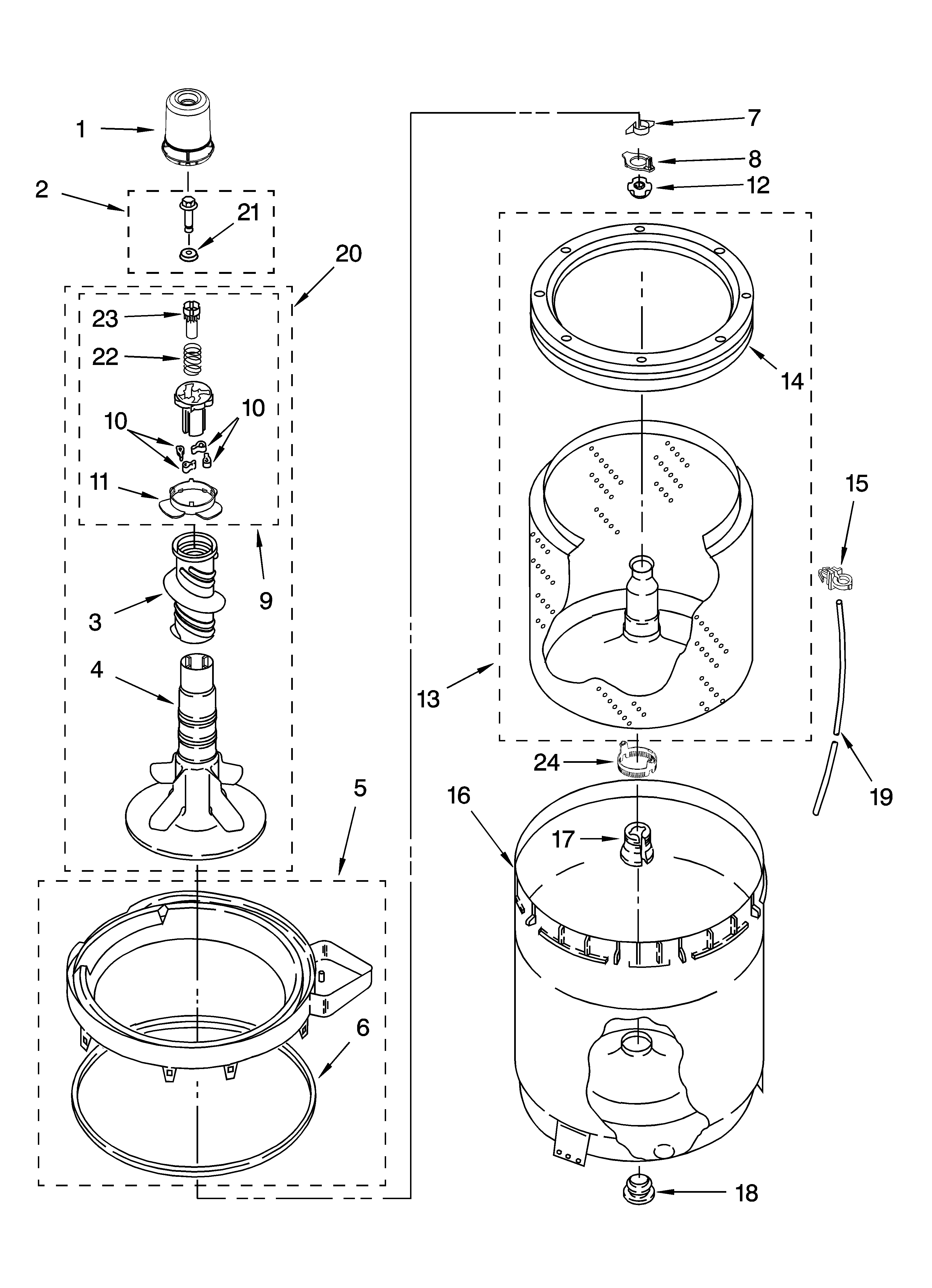 Whirlpool 7MWT98820WM0 agitator, basket and tub parts diagram