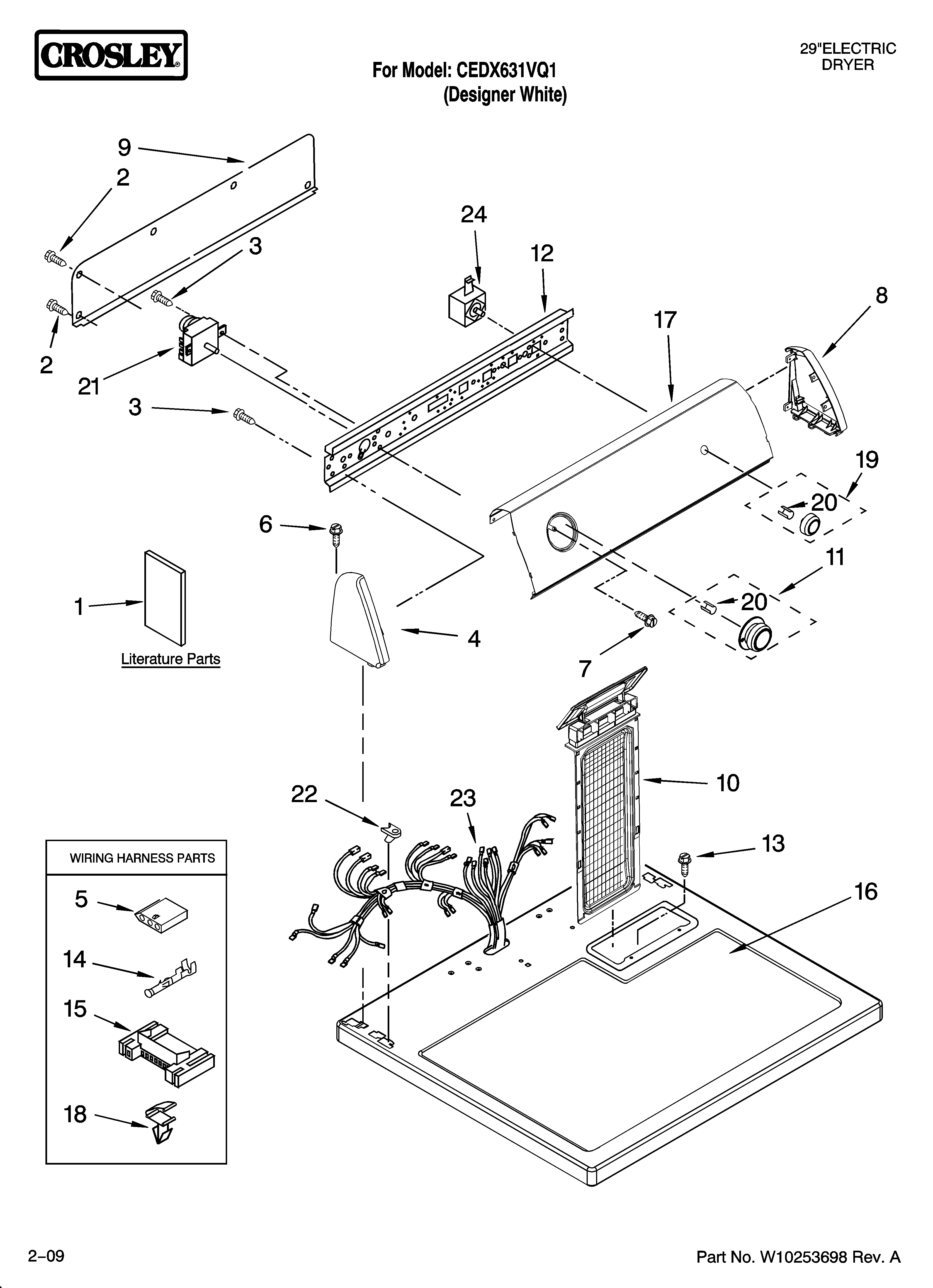 Crosley CEDX631VQ1 top and console parts diagram