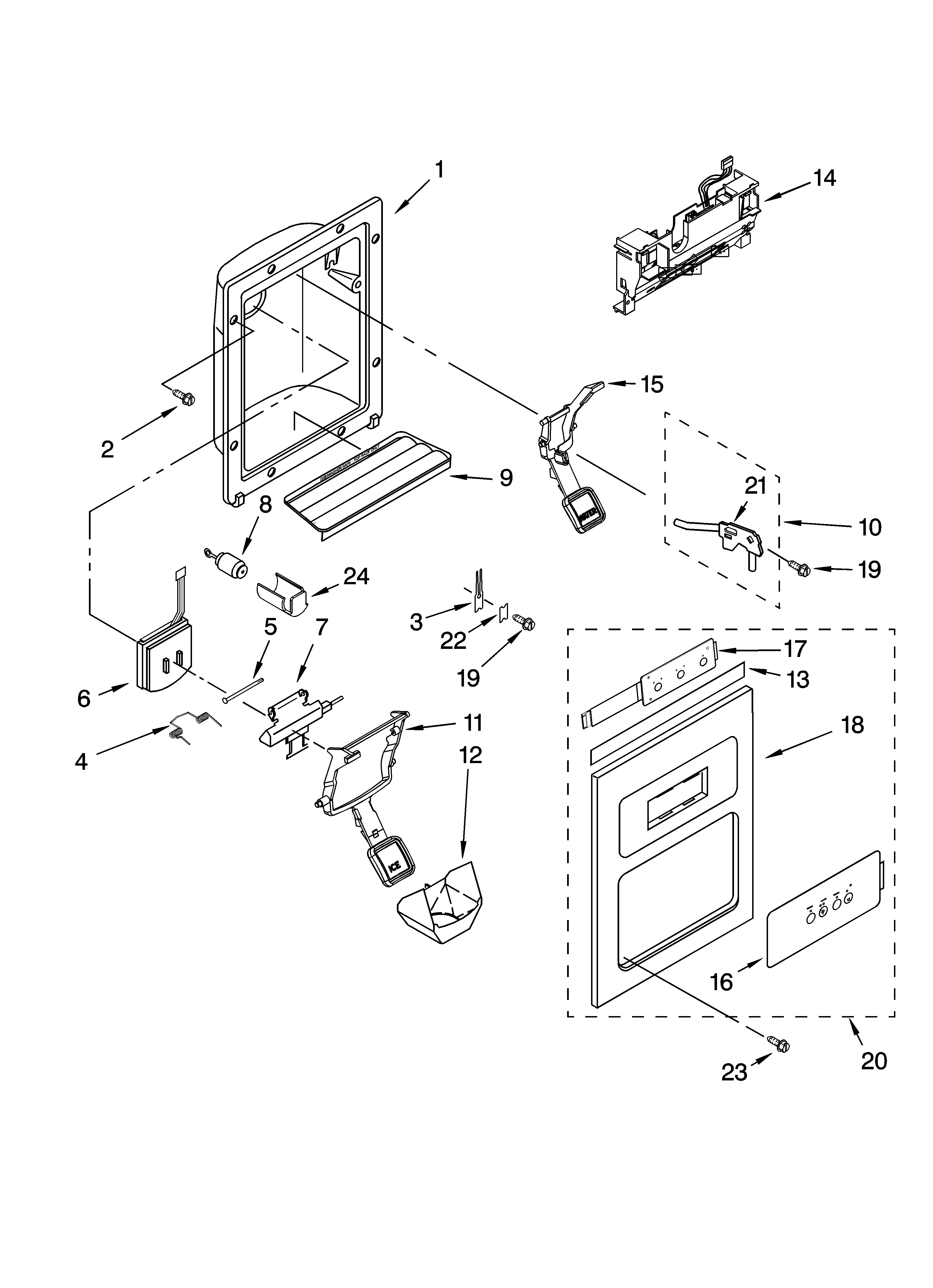KitchenAid KSBP25IVSS01 dispenser front parts diagram