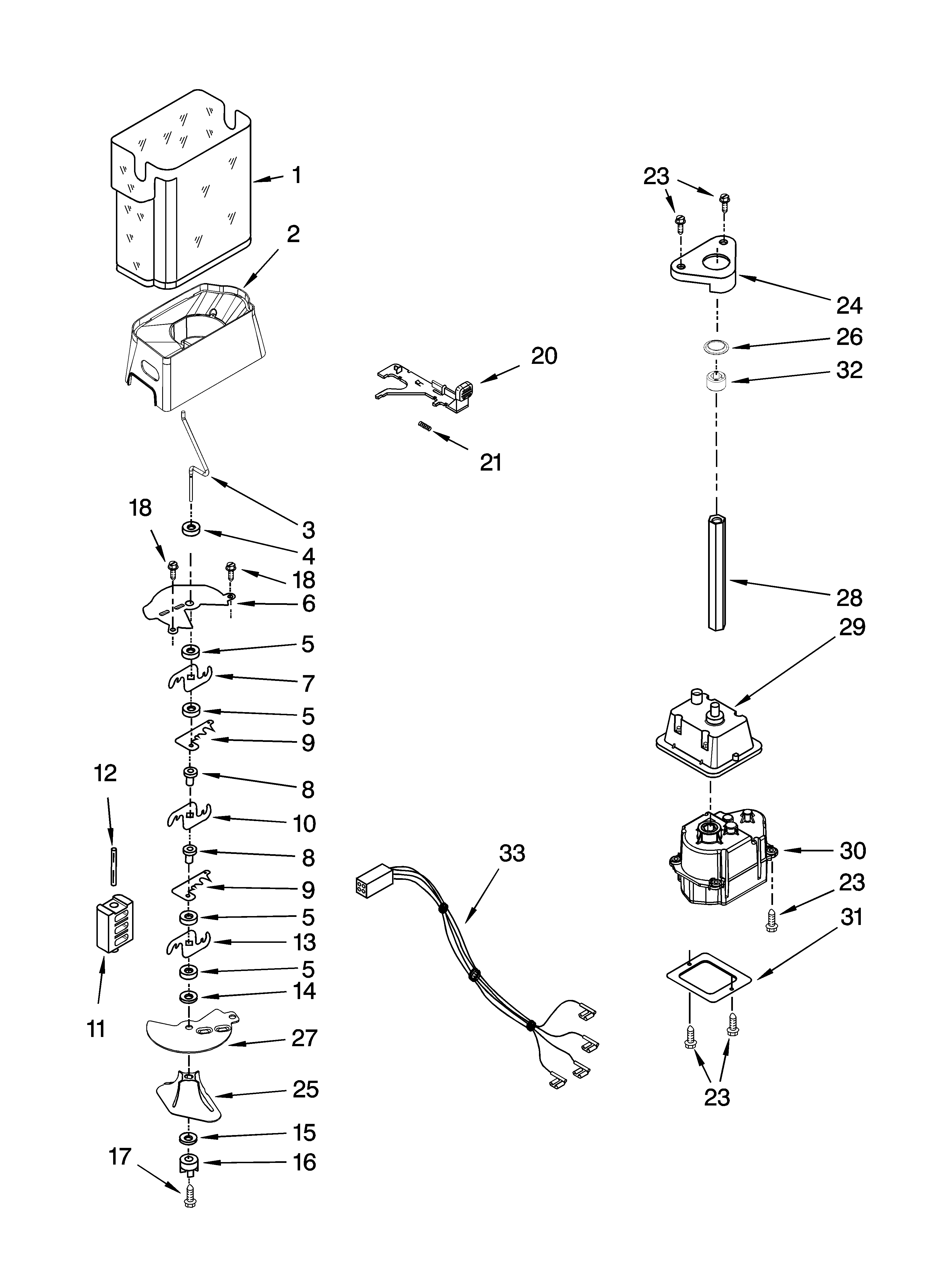 KitchenAid KSBS25IVWH01 motor and ice container parts diagram