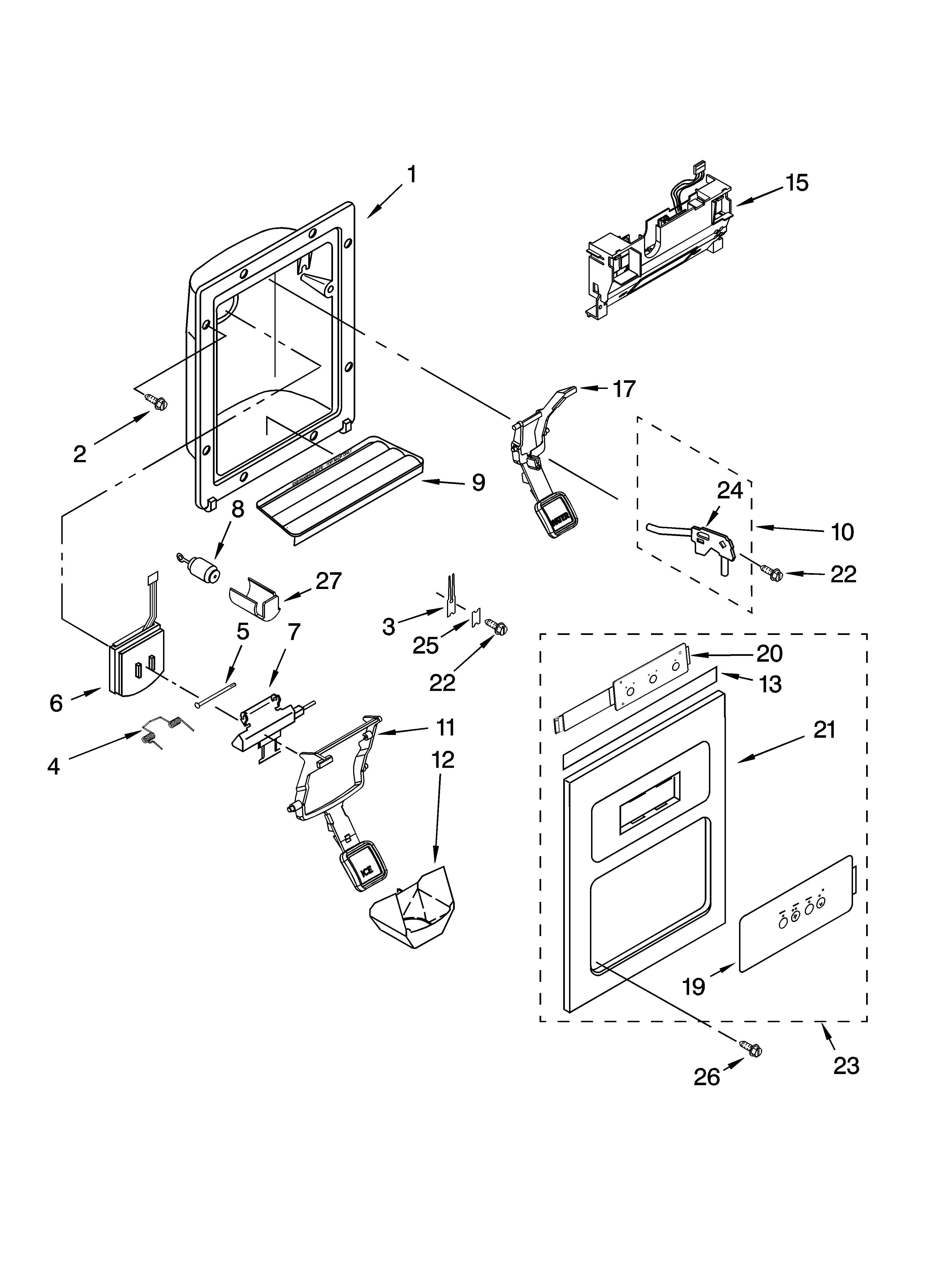 KitchenAid KSBS25IVWH01 dispenser front parts diagram