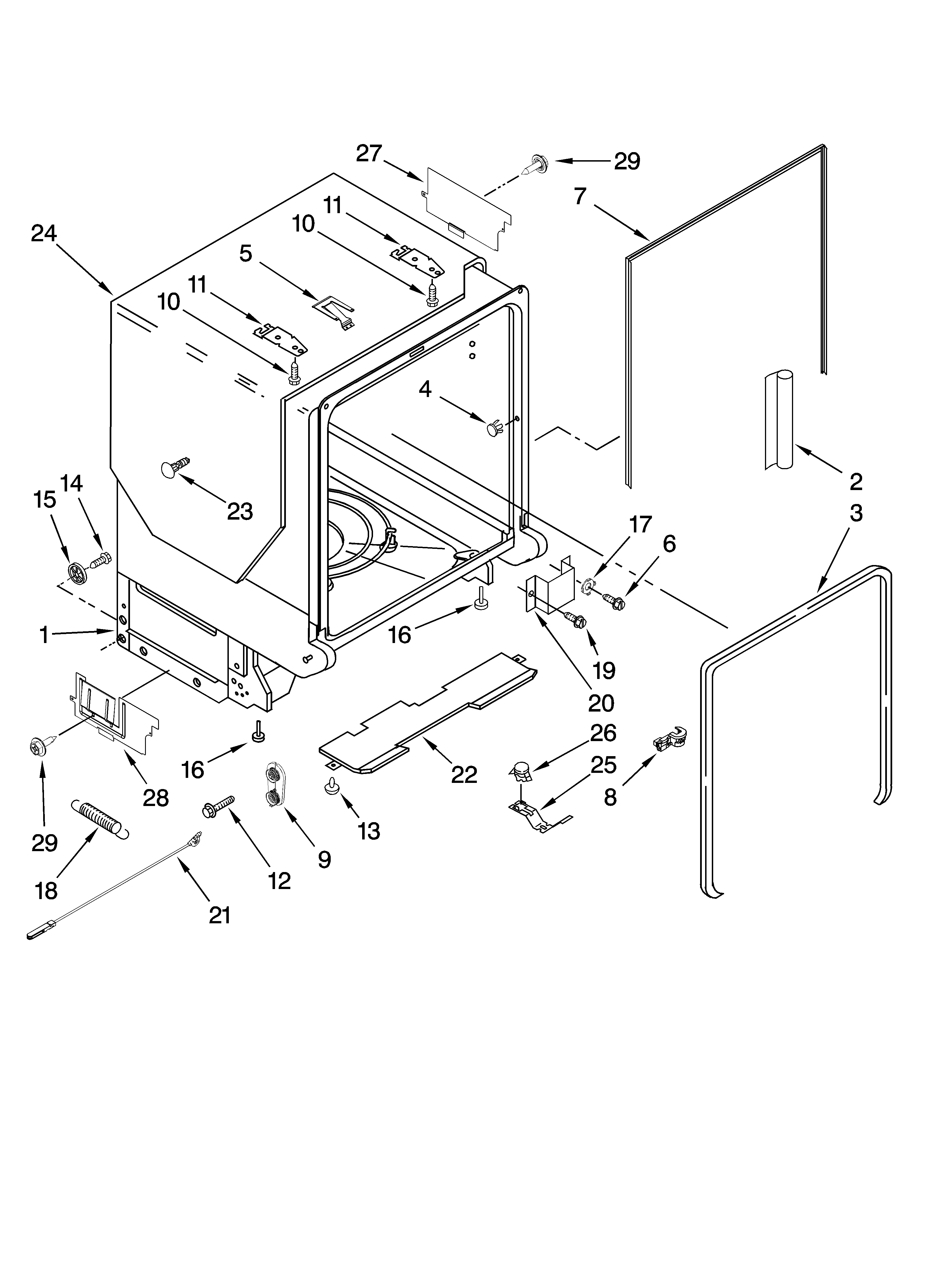 KitchenAid KUDE70FVSS0 tub and frame parts diagram