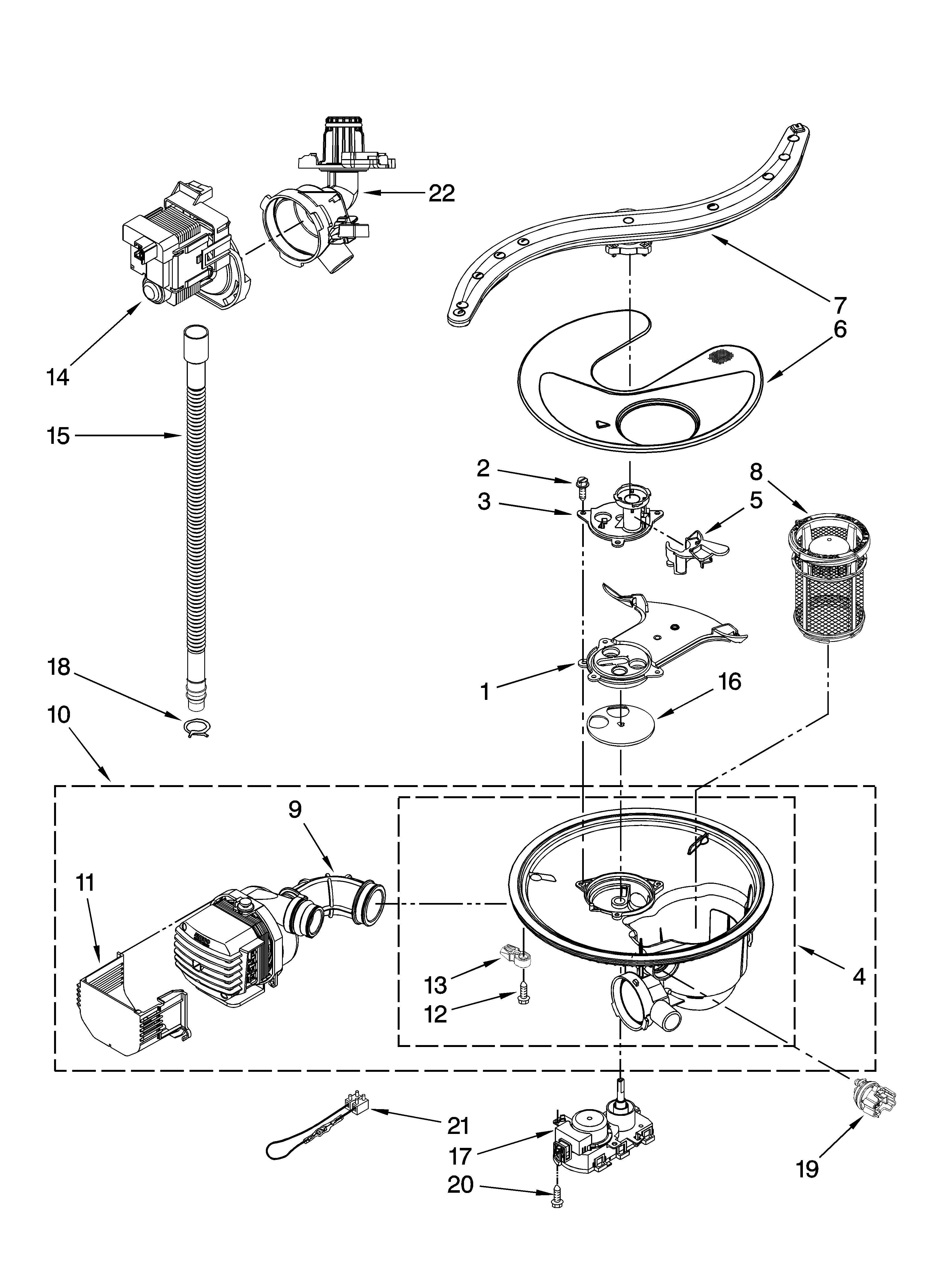 KitchenAid KUDE70FVSS0 pump, washarm and motor parts diagram