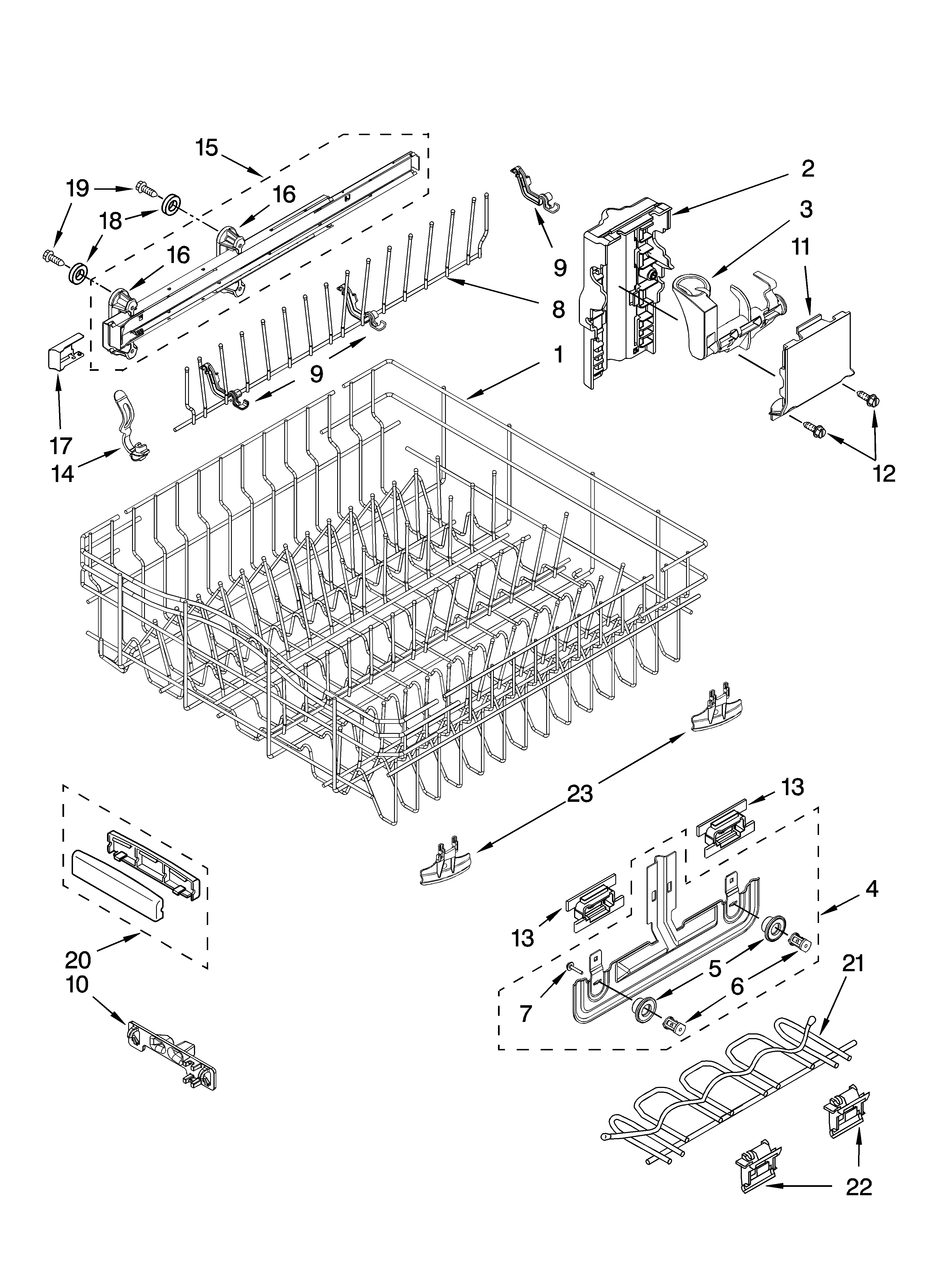 KitchenAid KUDE70FVSS0 upper rack and track parts diagram