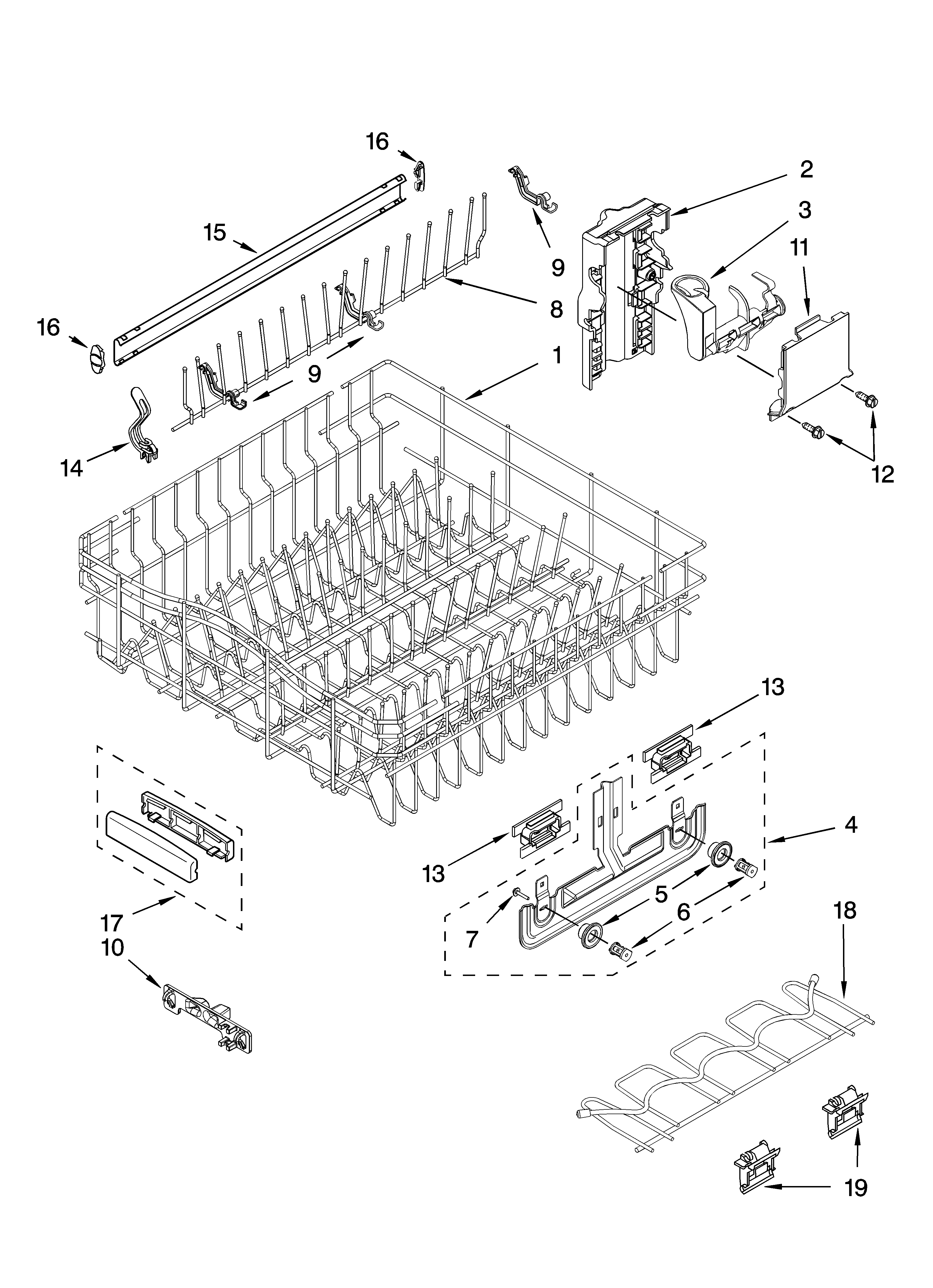 KitchenAid KUDS40FVSS0 upper rack and track parts diagram
