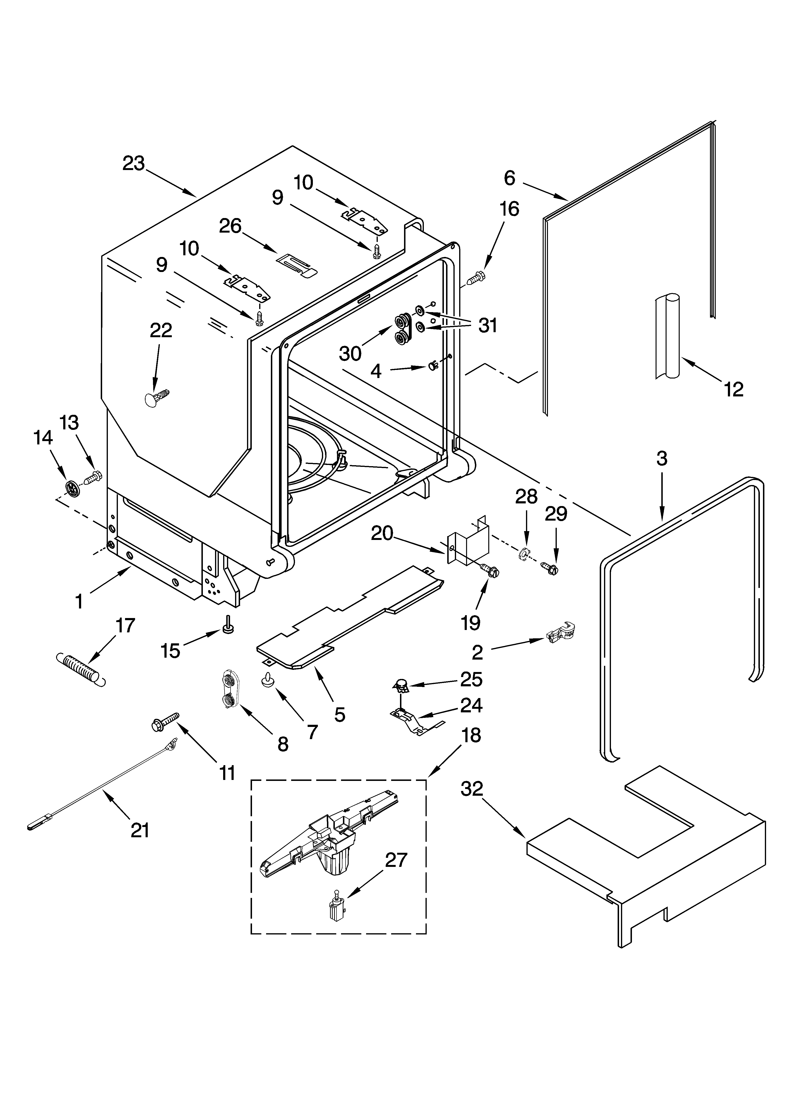 KitchenAid KUDS50FVWH0 tub and frame parts diagram