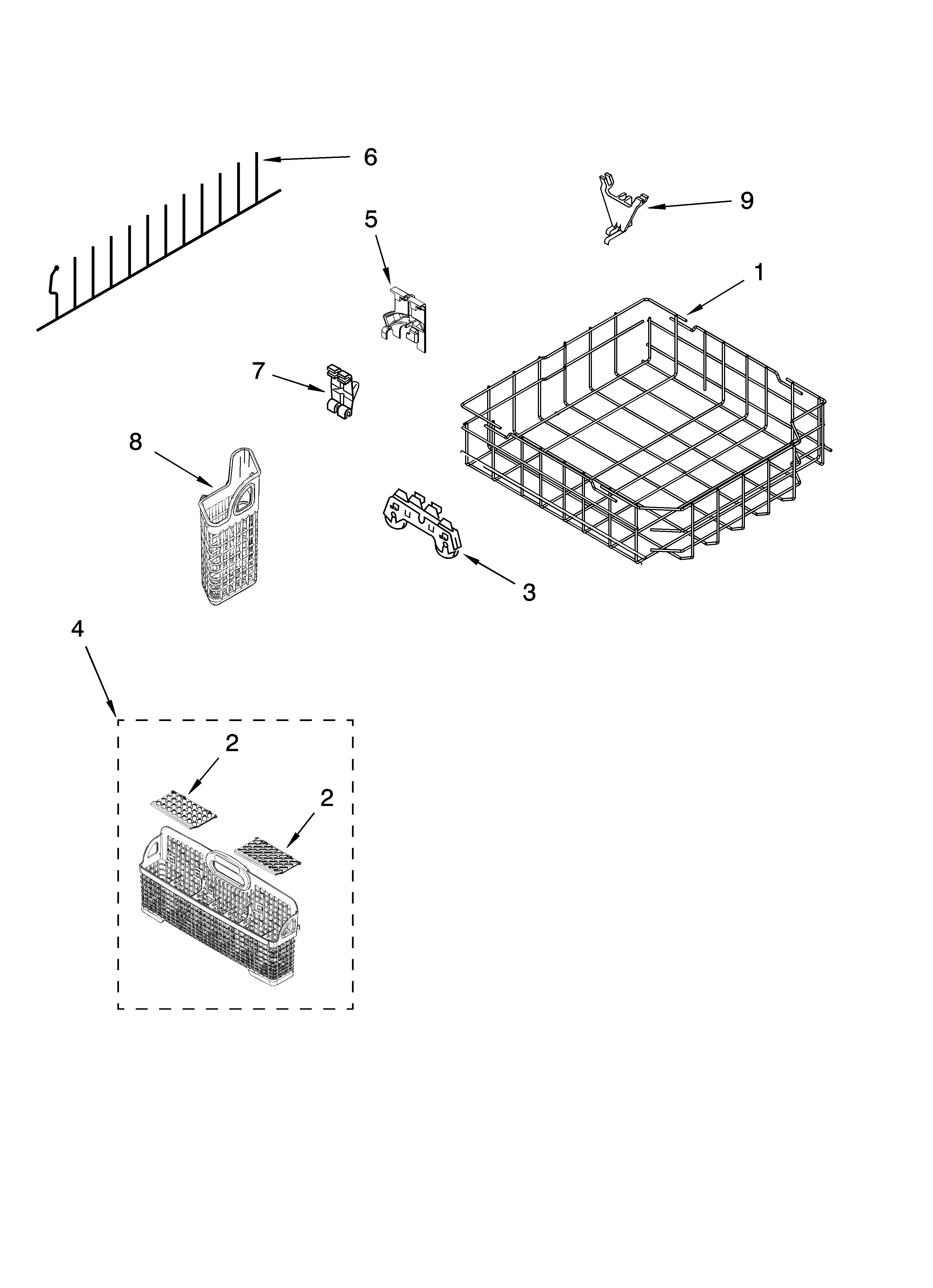 KitchenAid KUDS50FVWH0 lower rack parts diagram