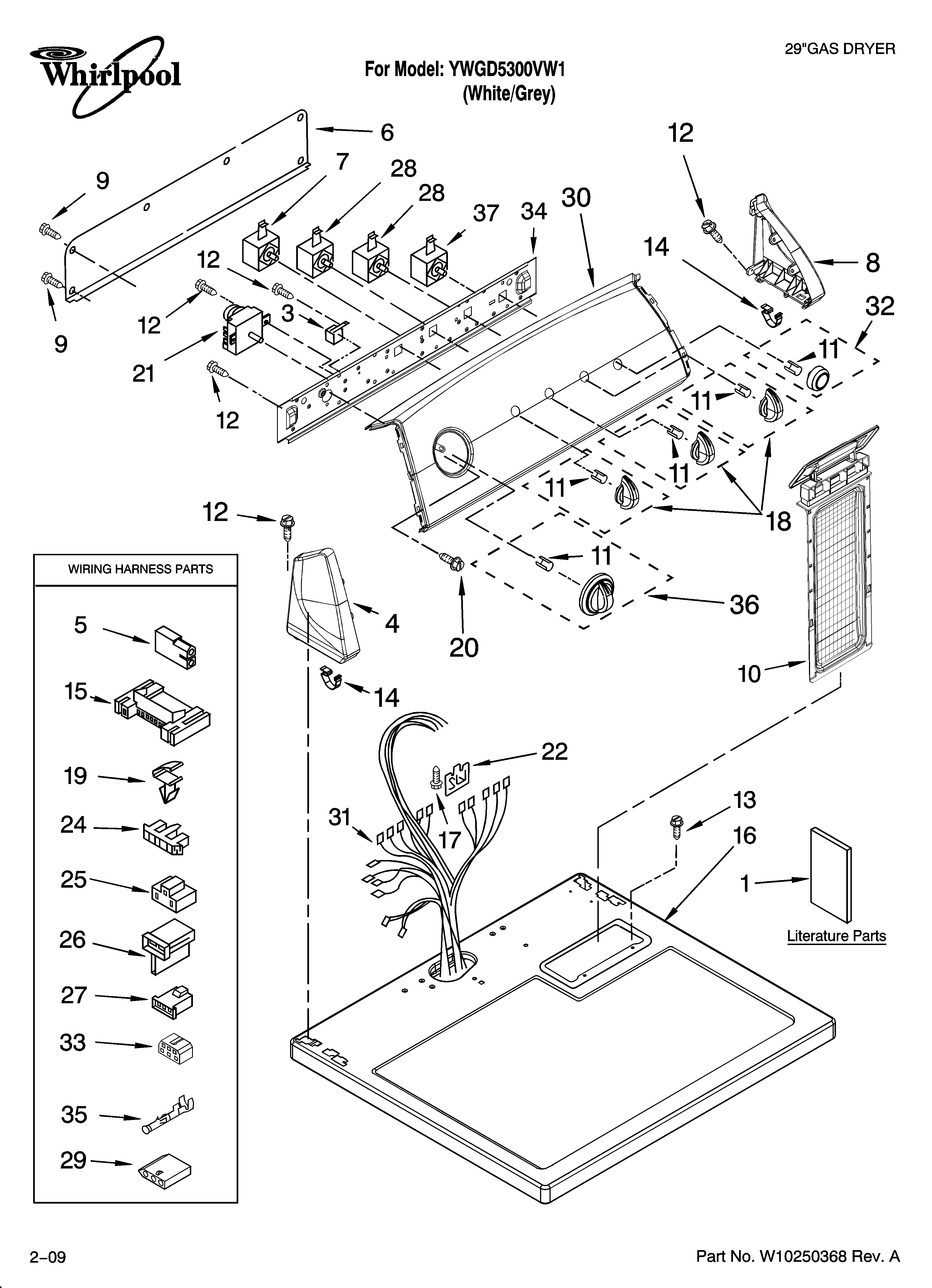 Whirlpool YWGD5300VW1 top and console parts diagram