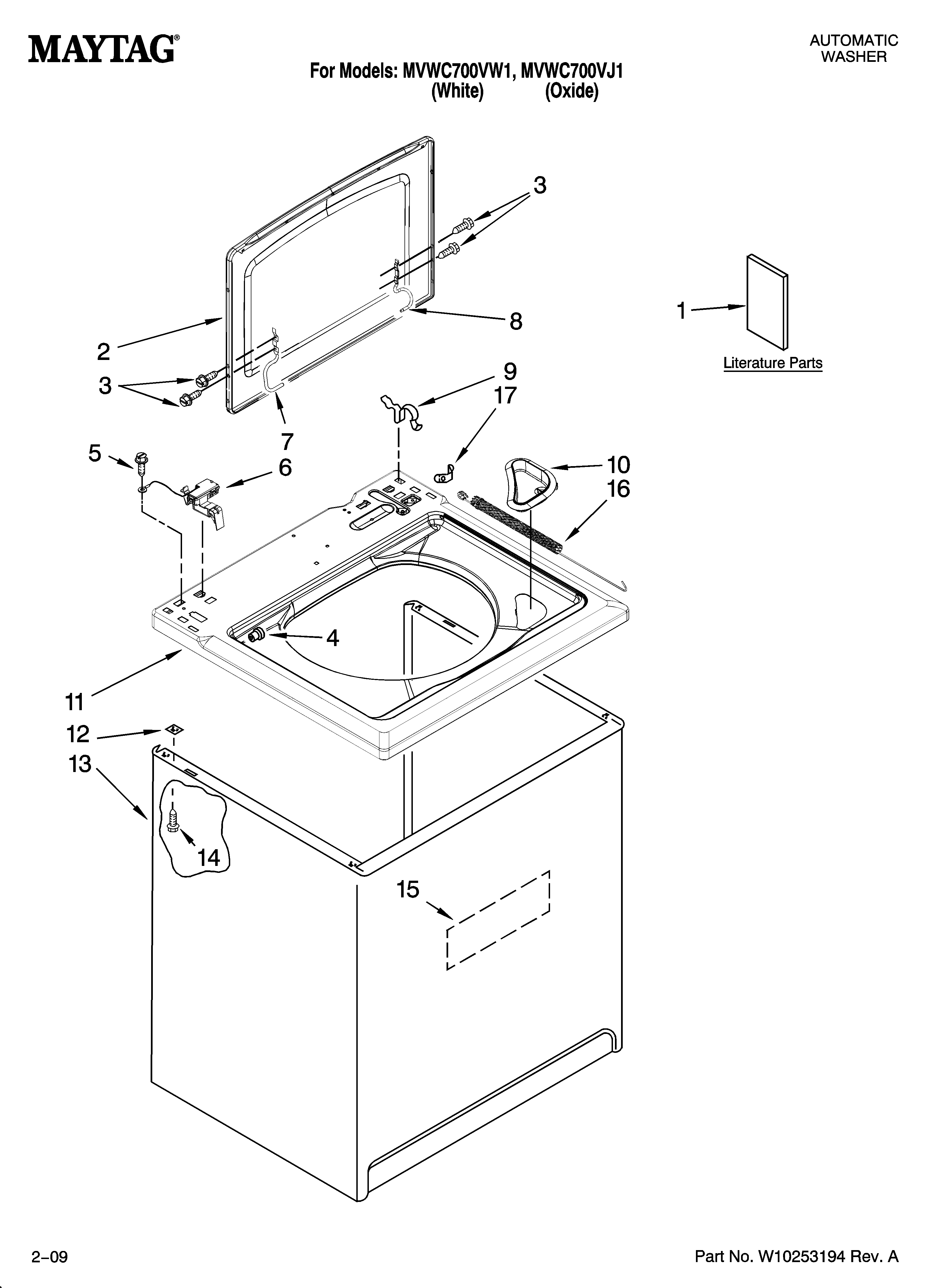 Maytag MVWC700VW1 top and cabinet parts diagram