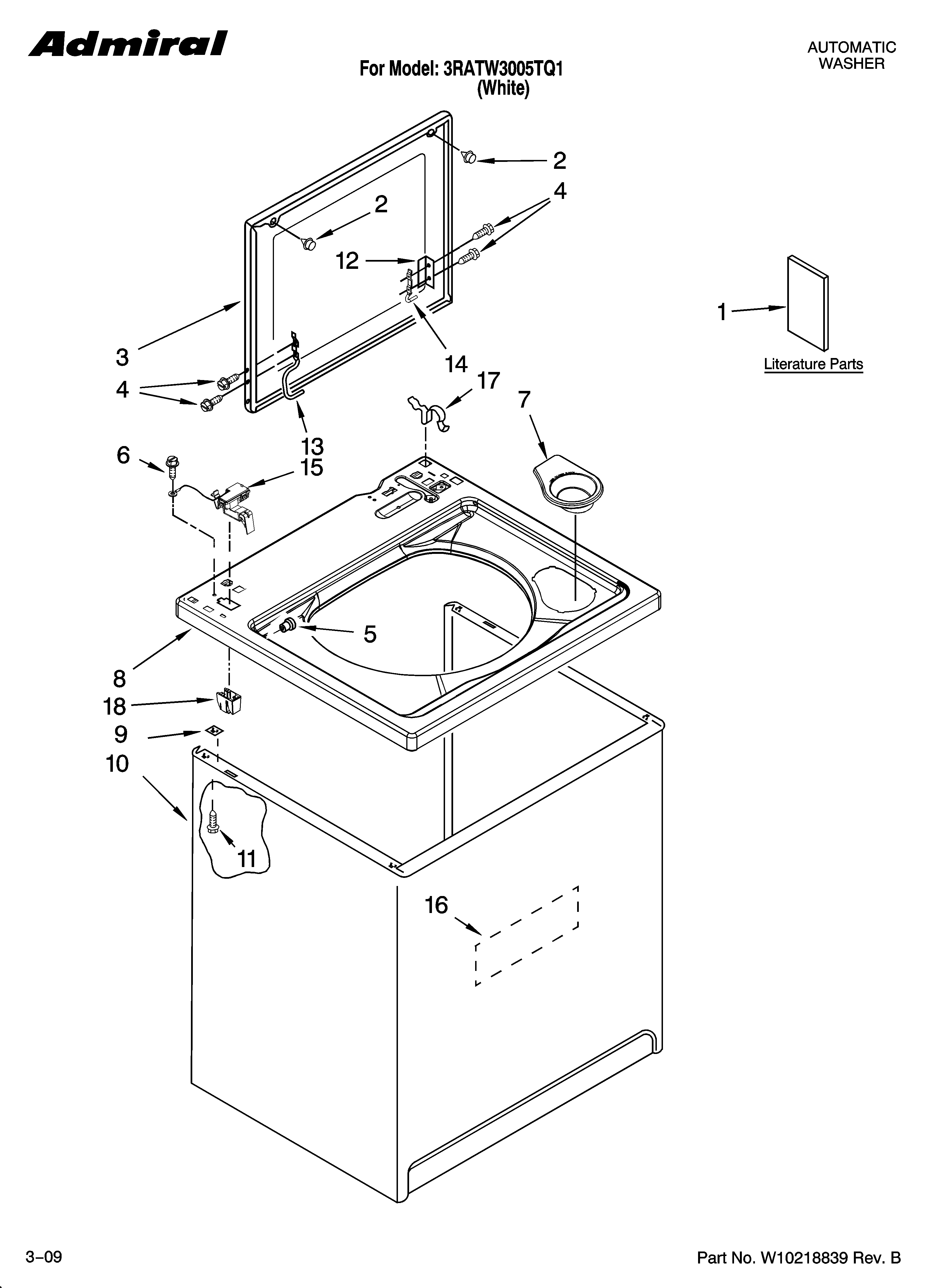 Admiral 3RATW3005TQ1 top and cabinet parts diagram