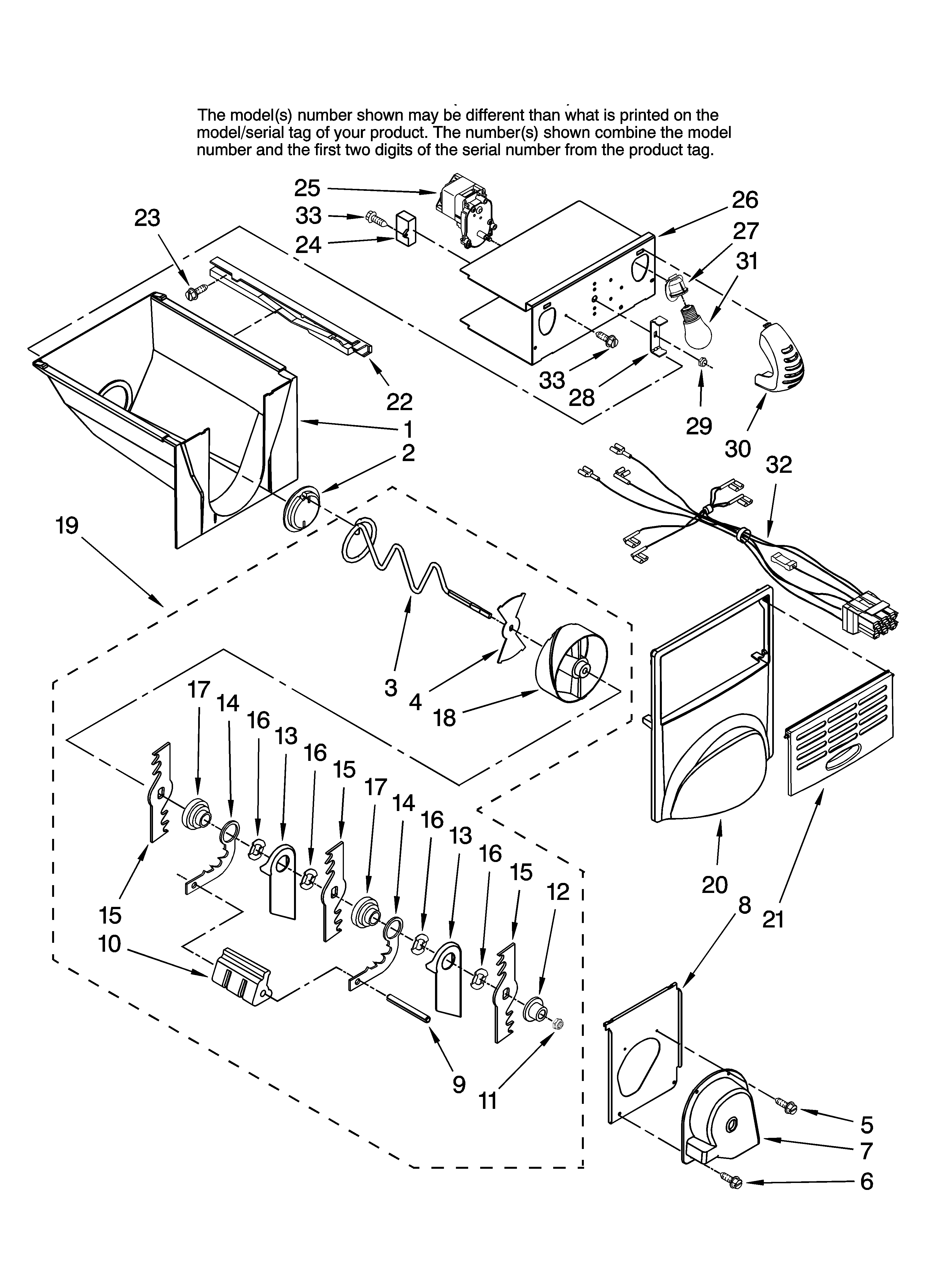 Amana AC2224GEKS13 motor and ice container parts diagram