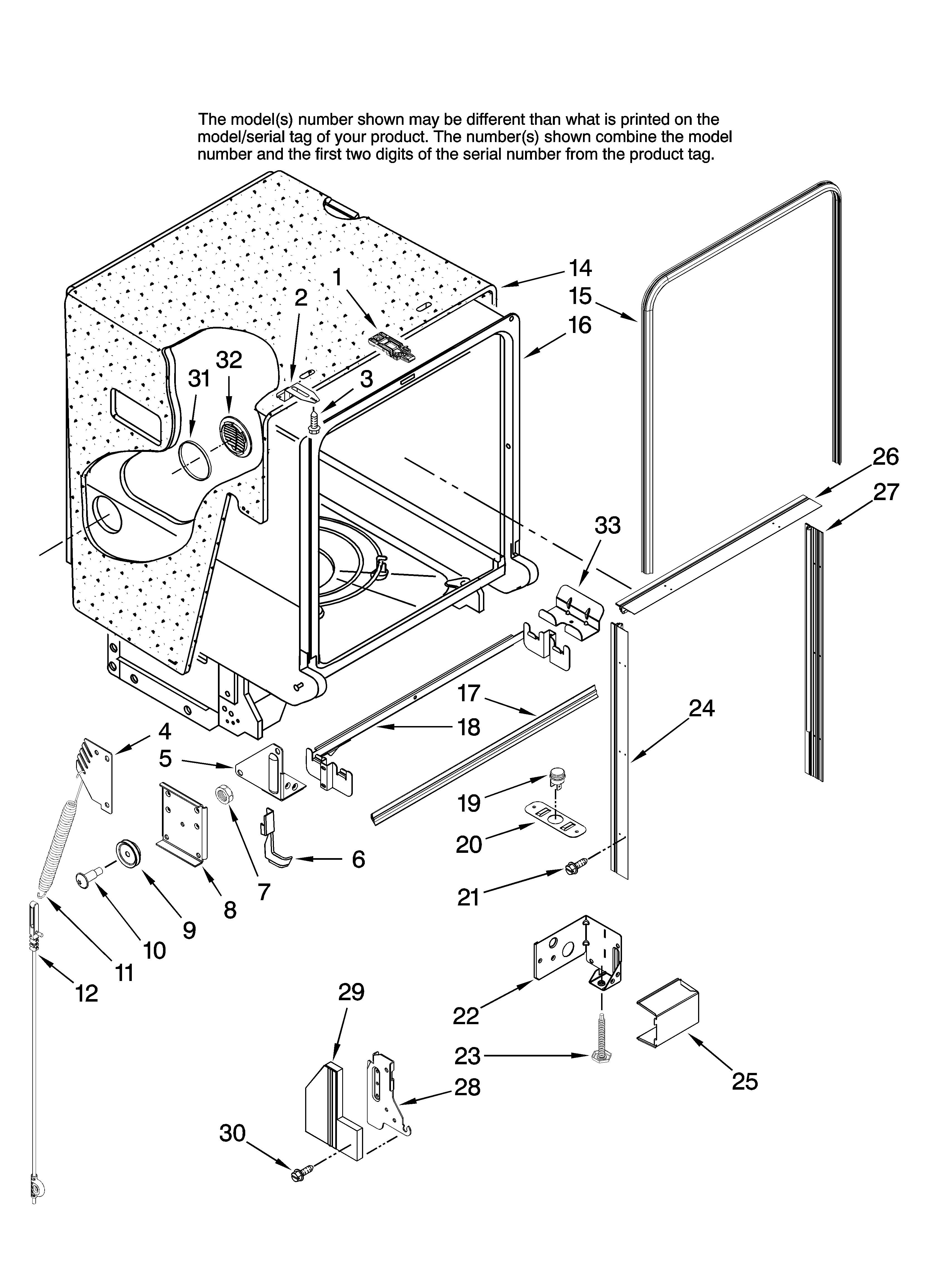 Jenn-Air JDB1080AWW1 tub and frame parts diagram