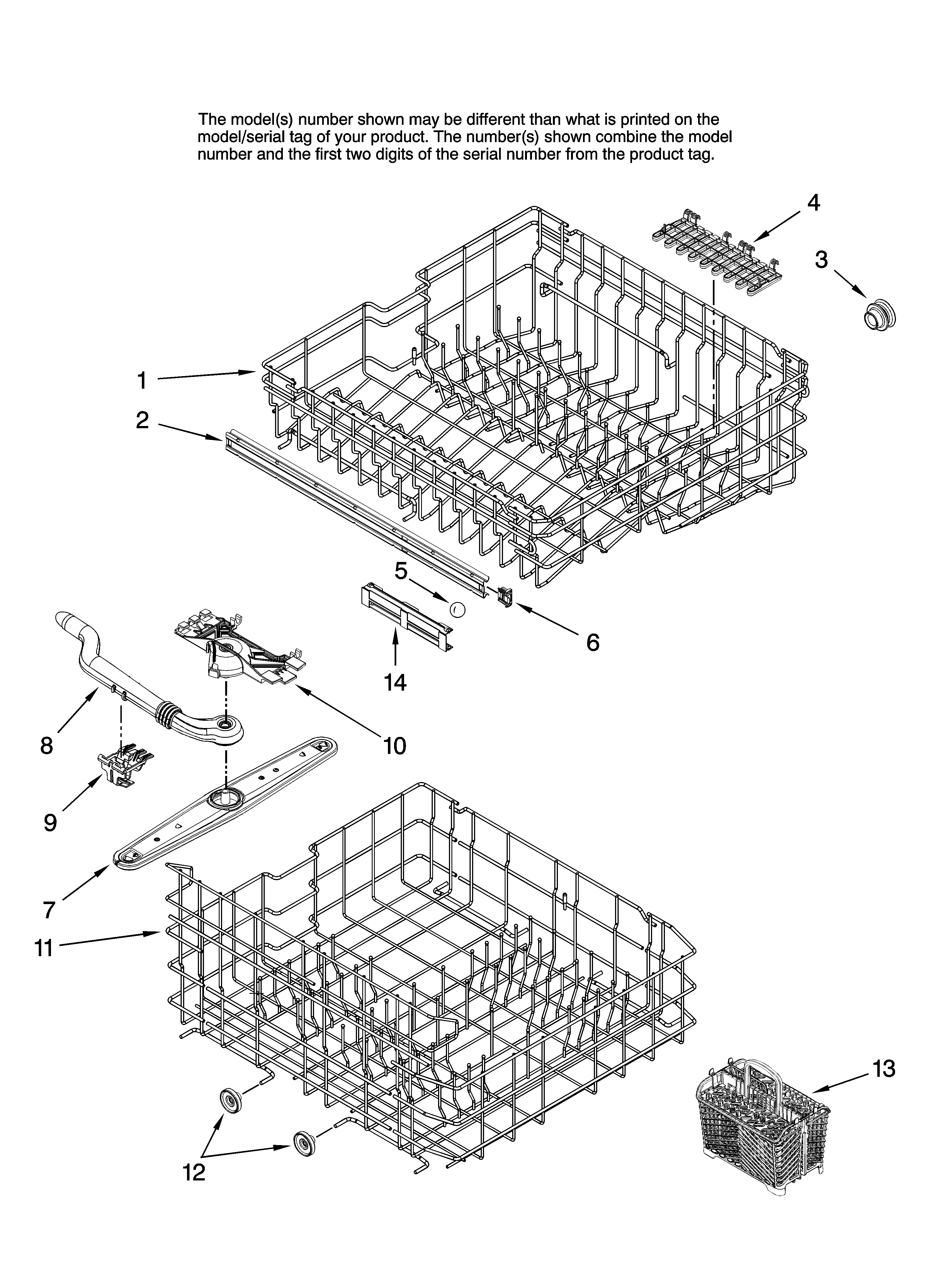 Jenn-Air JDB1080AWW1 upper and lower rack parts diagram