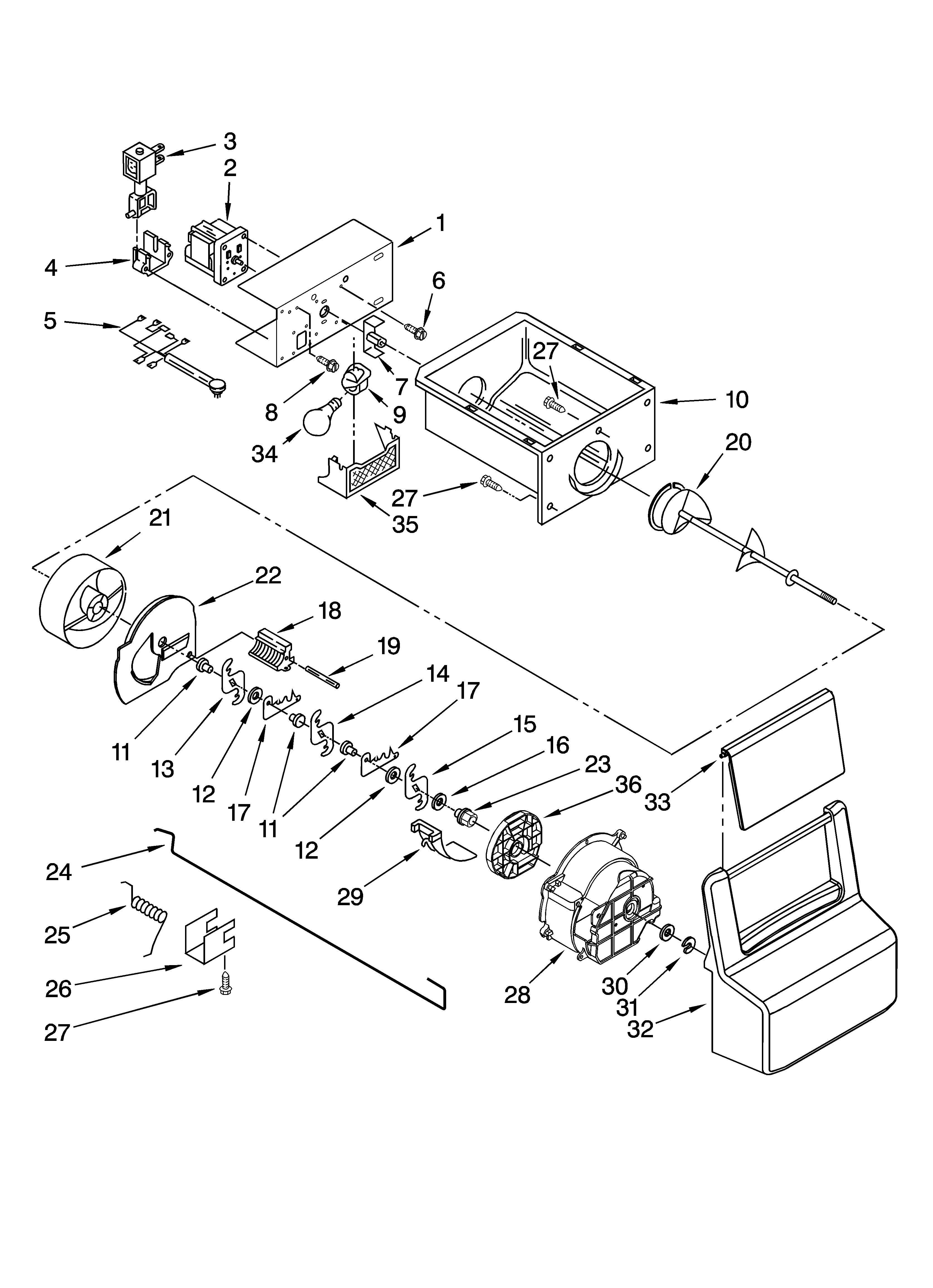 Maytag MSD2576VEB00 motor and ice container parts diagram