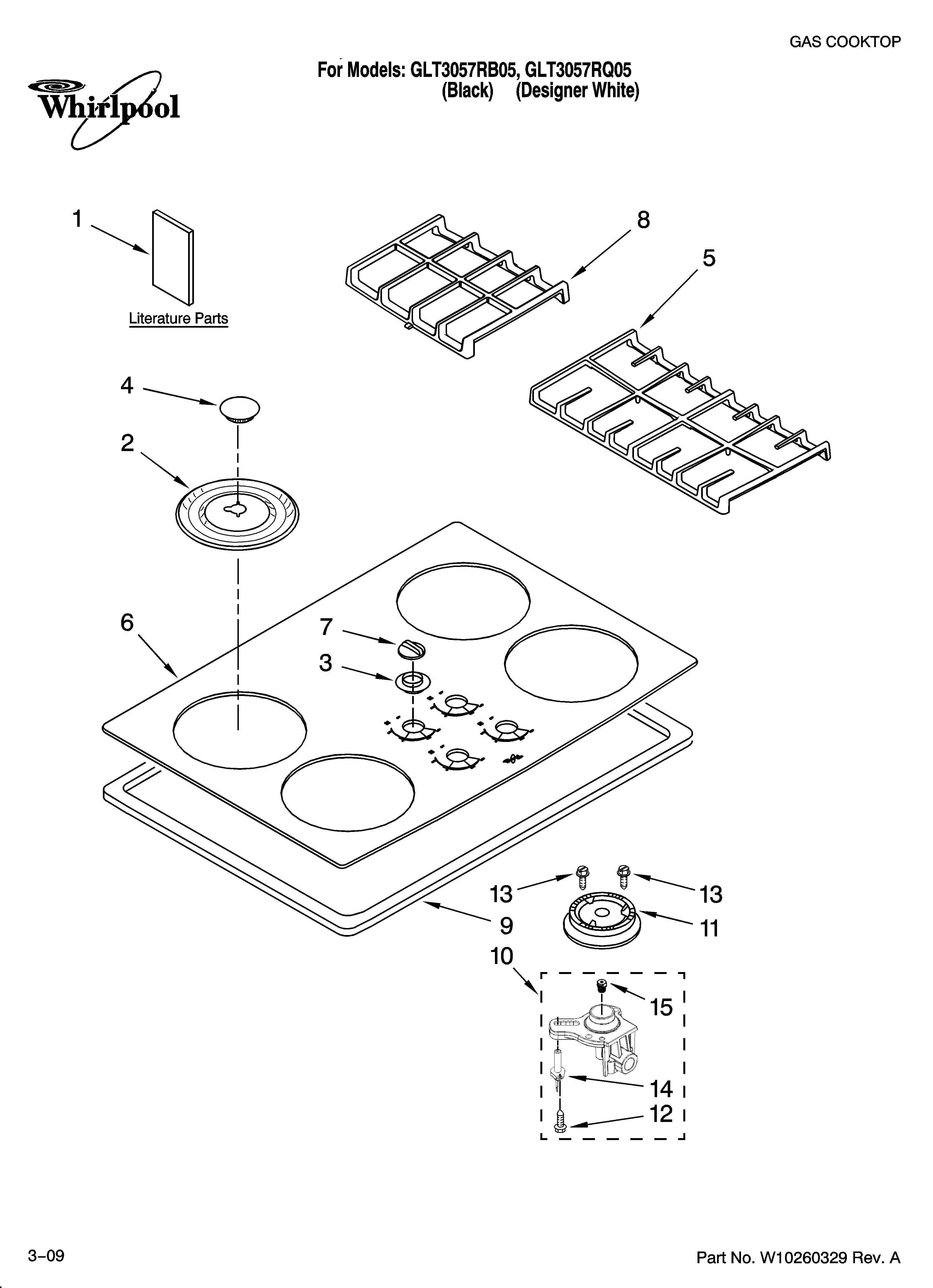 Whirlpool GLT3057RQ05 cooktop, burner and grate parts diagram