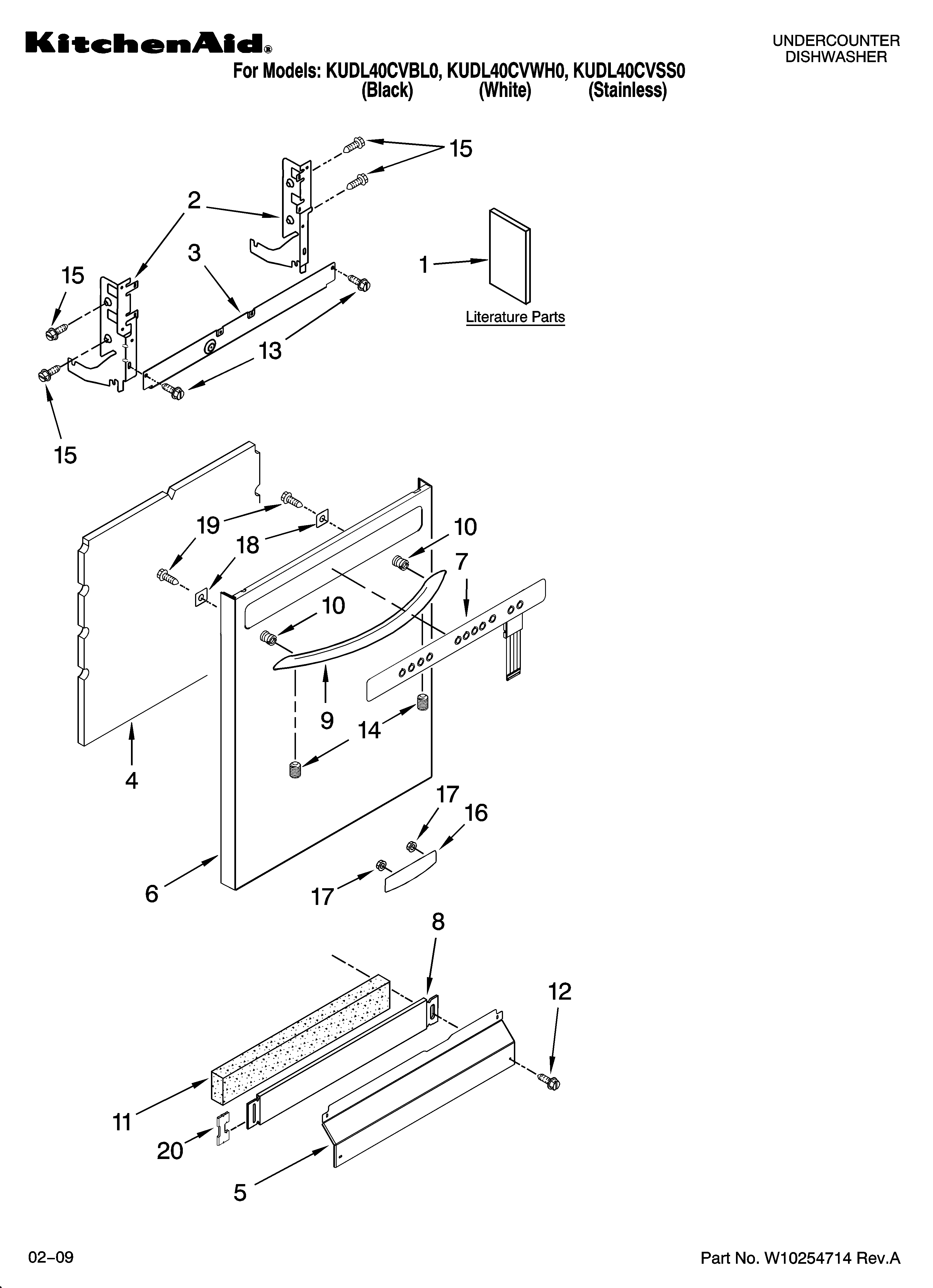 KitchenAid KUDL40CVWH0 door and panel parts diagram