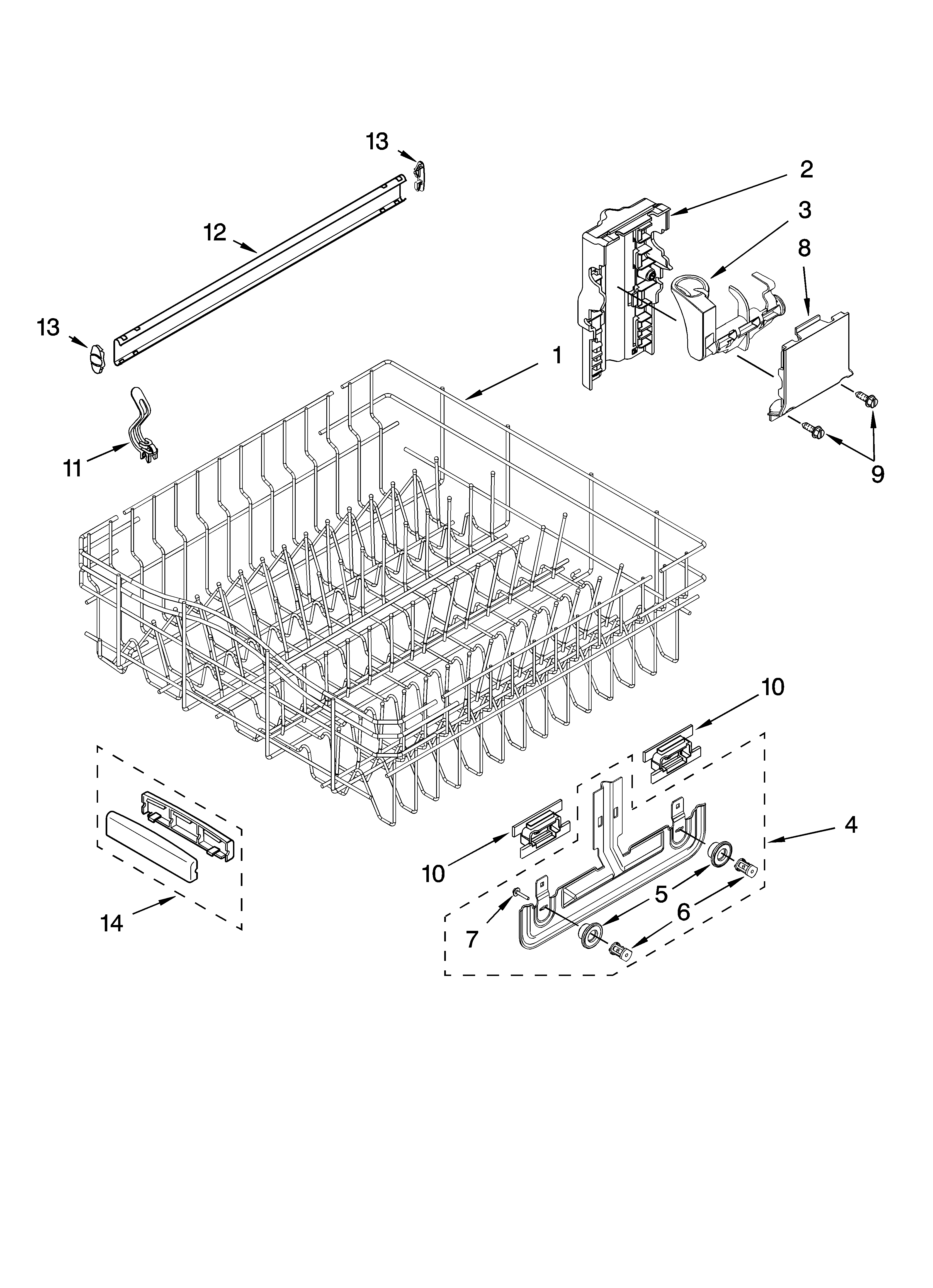 KitchenAid KUDL40CVWH0 upper rack and track parts diagram