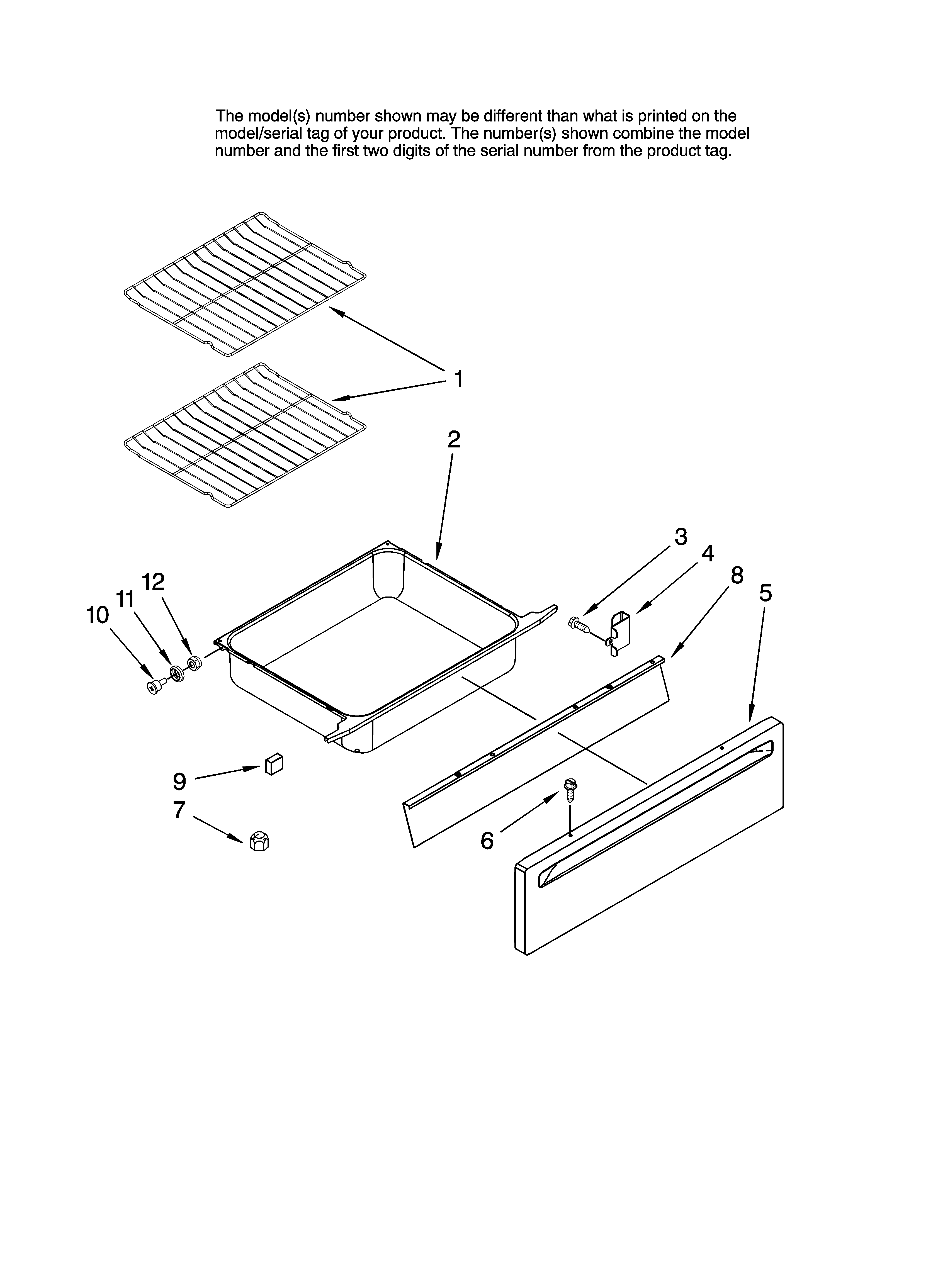 Whirlpool RY160LXTB1 drawer and rack parts diagram