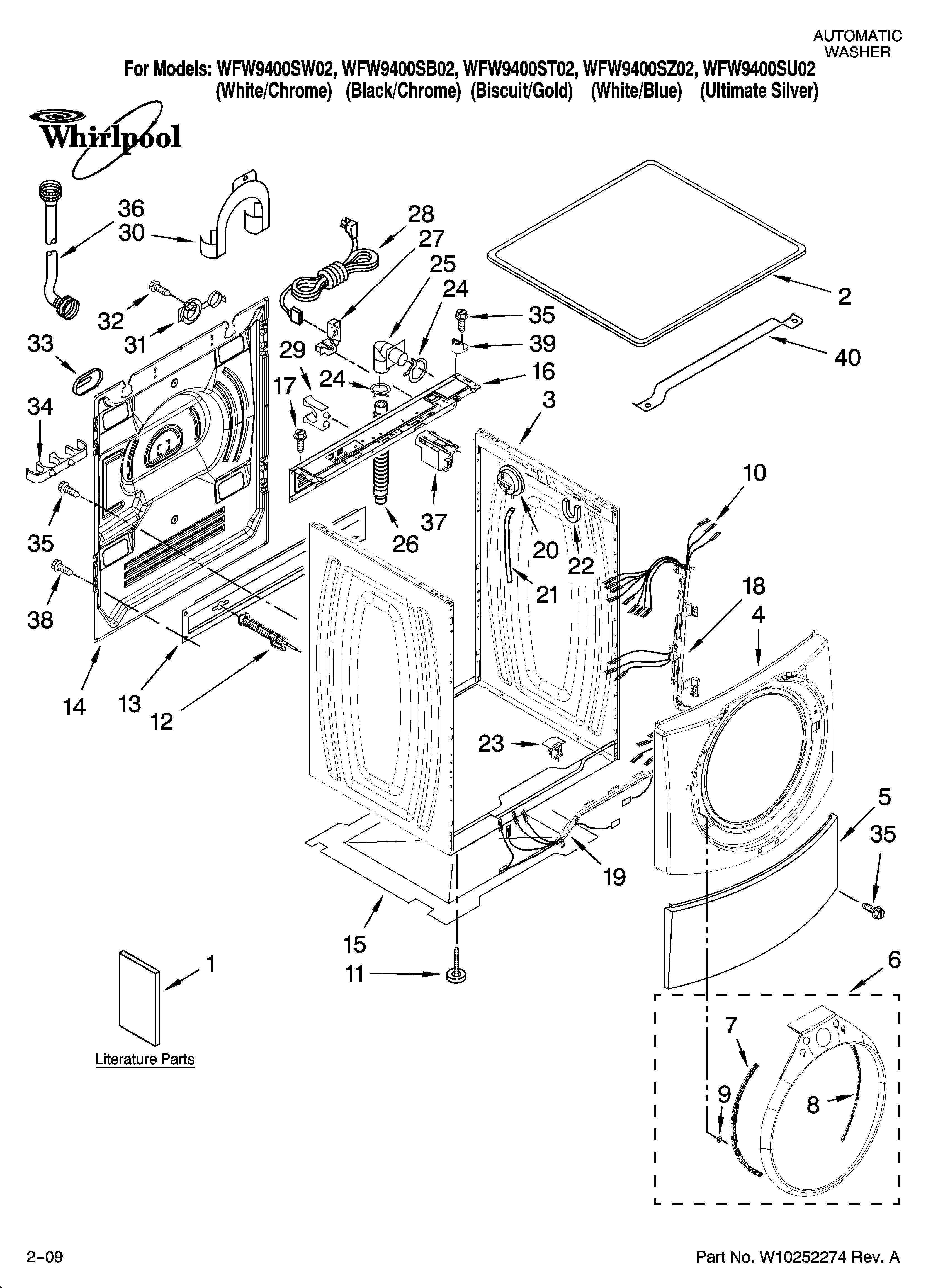 Whirlpool WFW9400SB02 top and cabinet parts diagram
