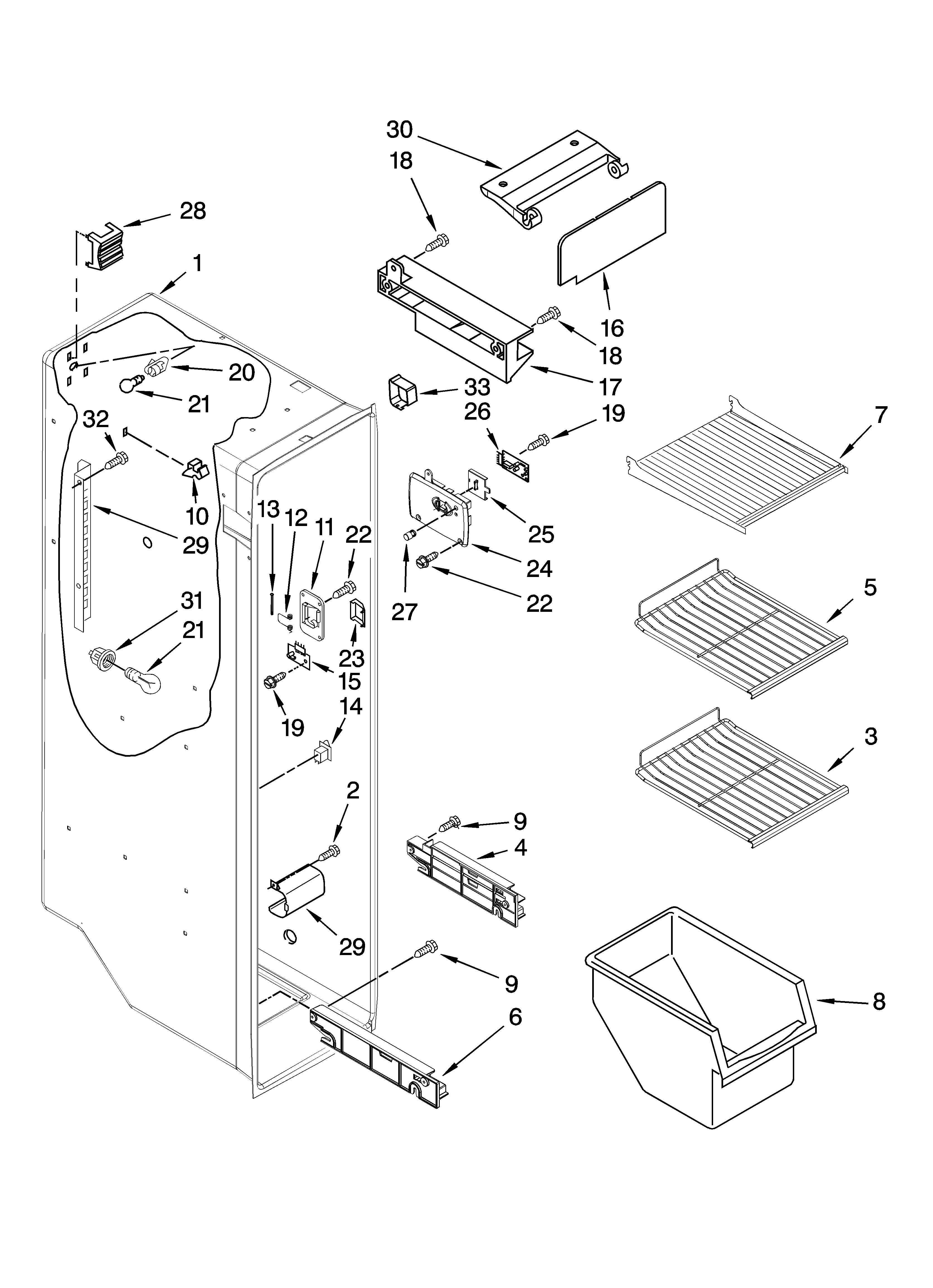KitchenAid KSRG25FVWH01 freezer liner parts diagram