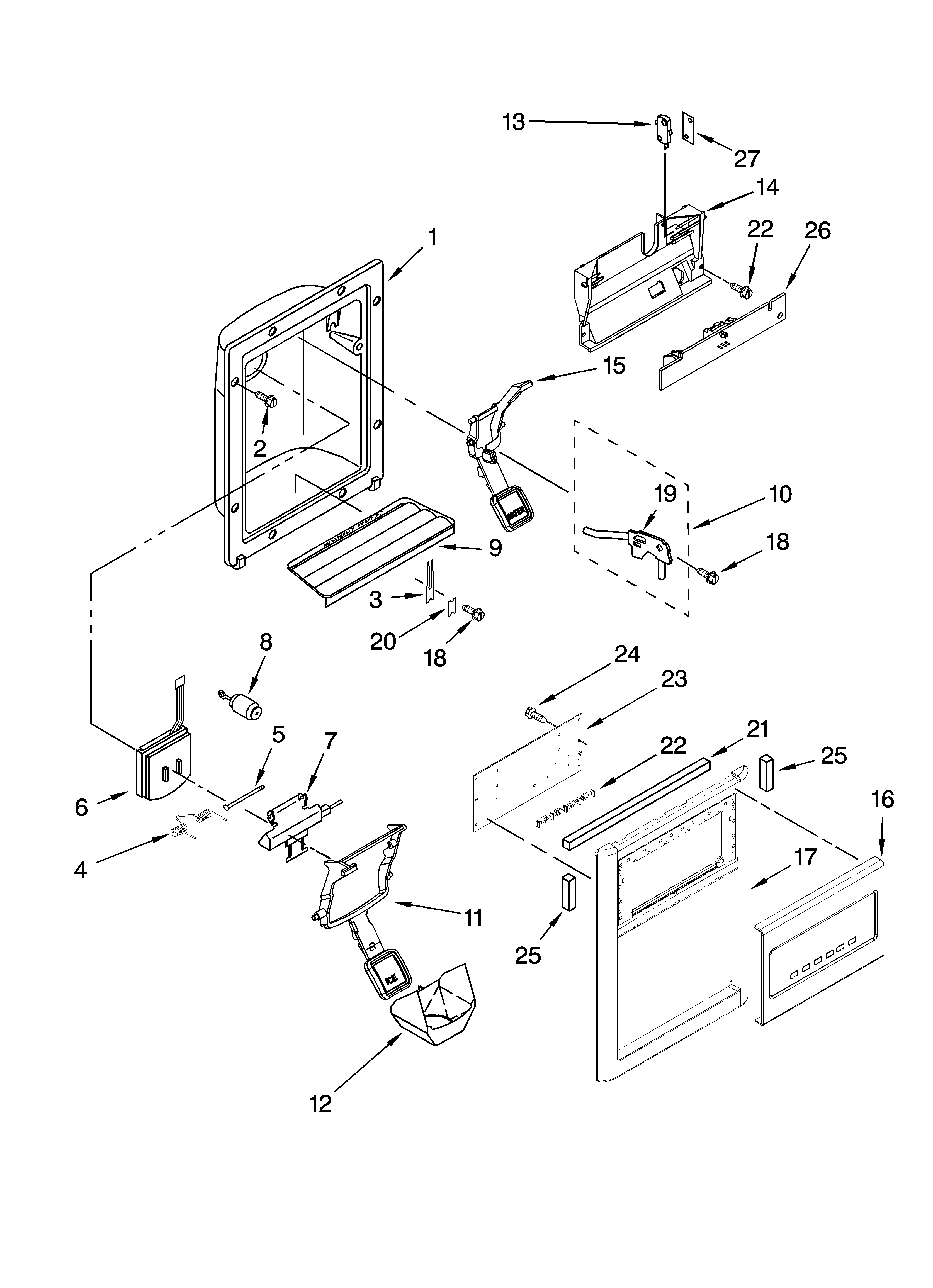KitchenAid KSRG25FVWH01 dispenser front parts diagram