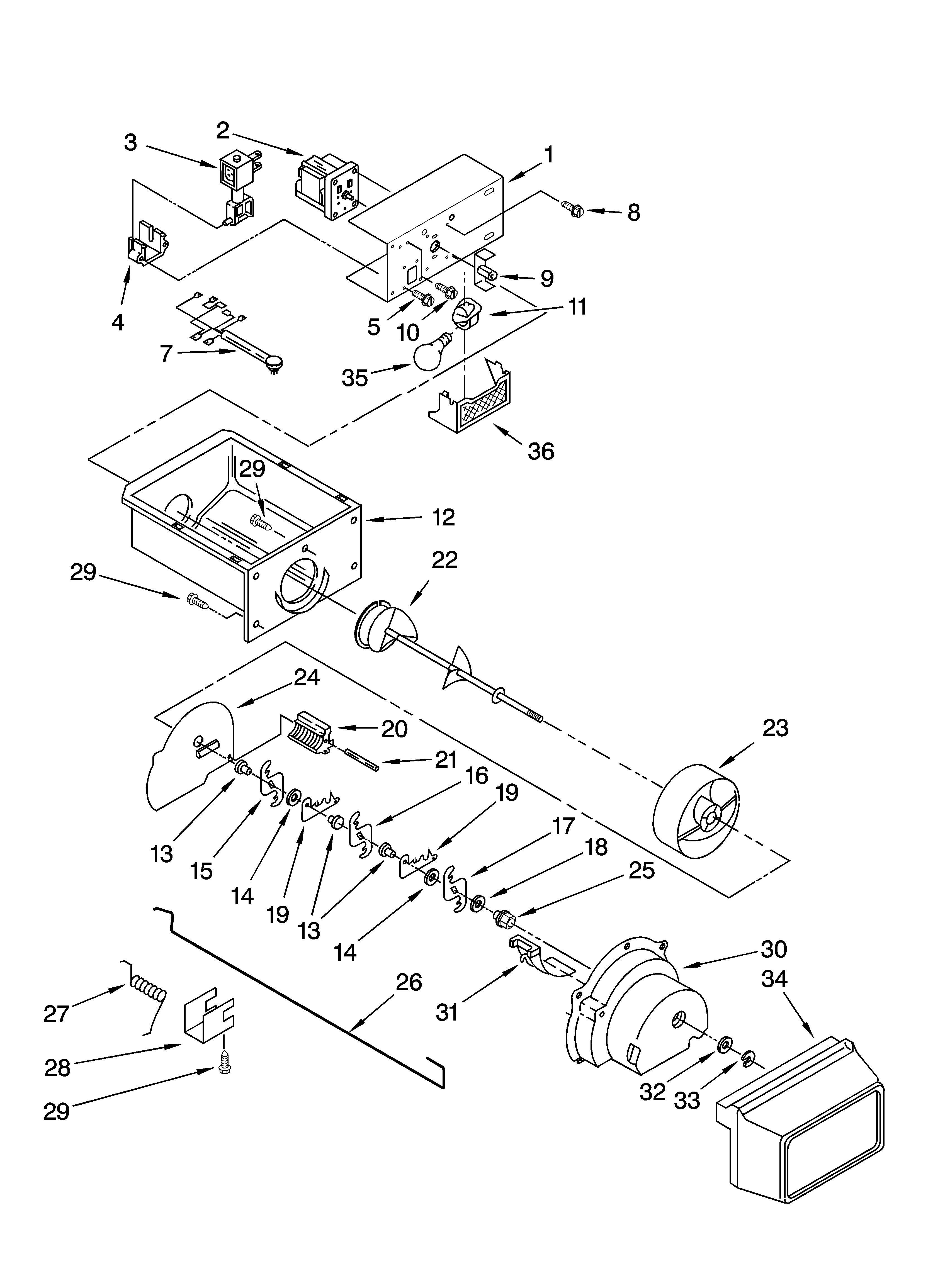 Estate TS25CGXTD02 motor and ice container parts diagram