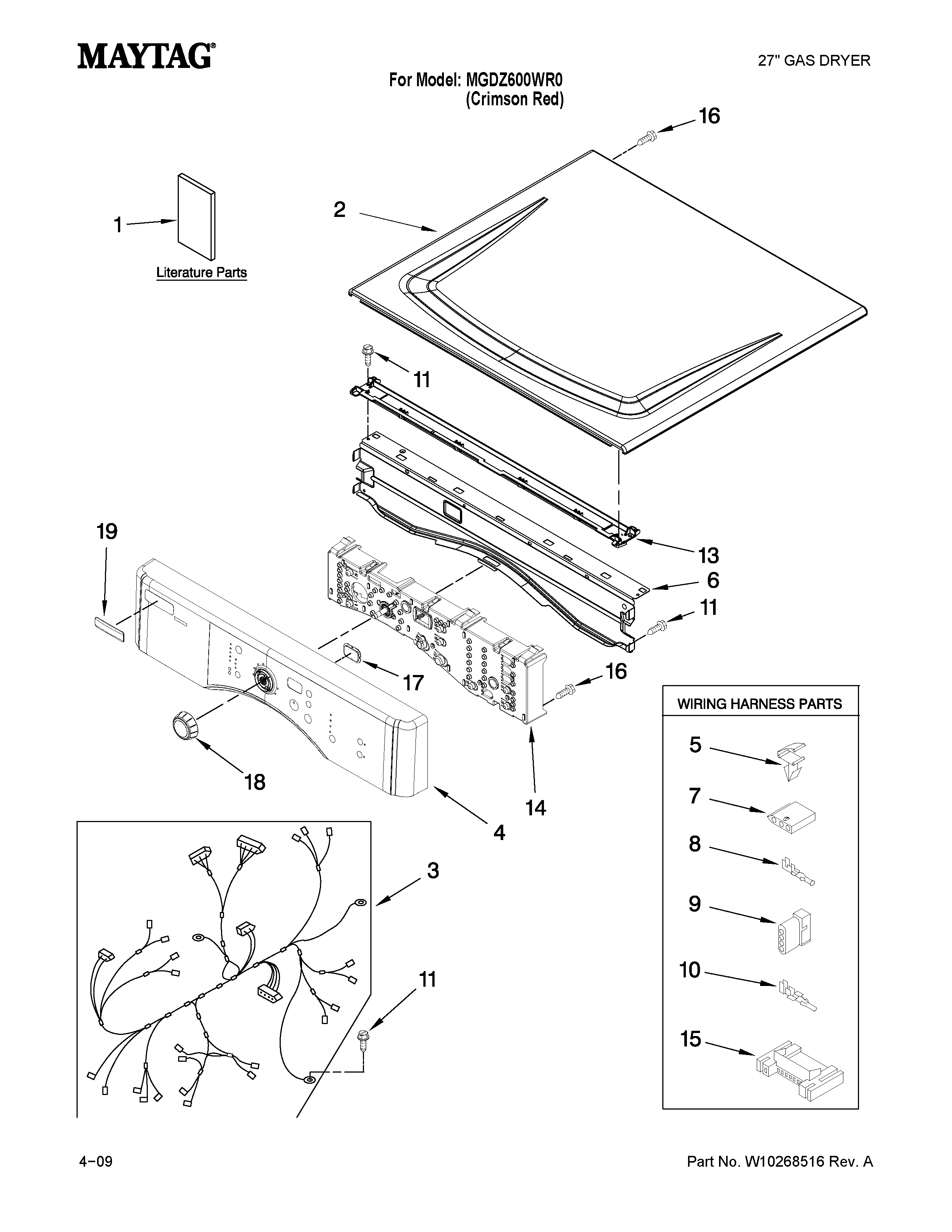 Maytag MGDZ600WR0 top and console parts diagram