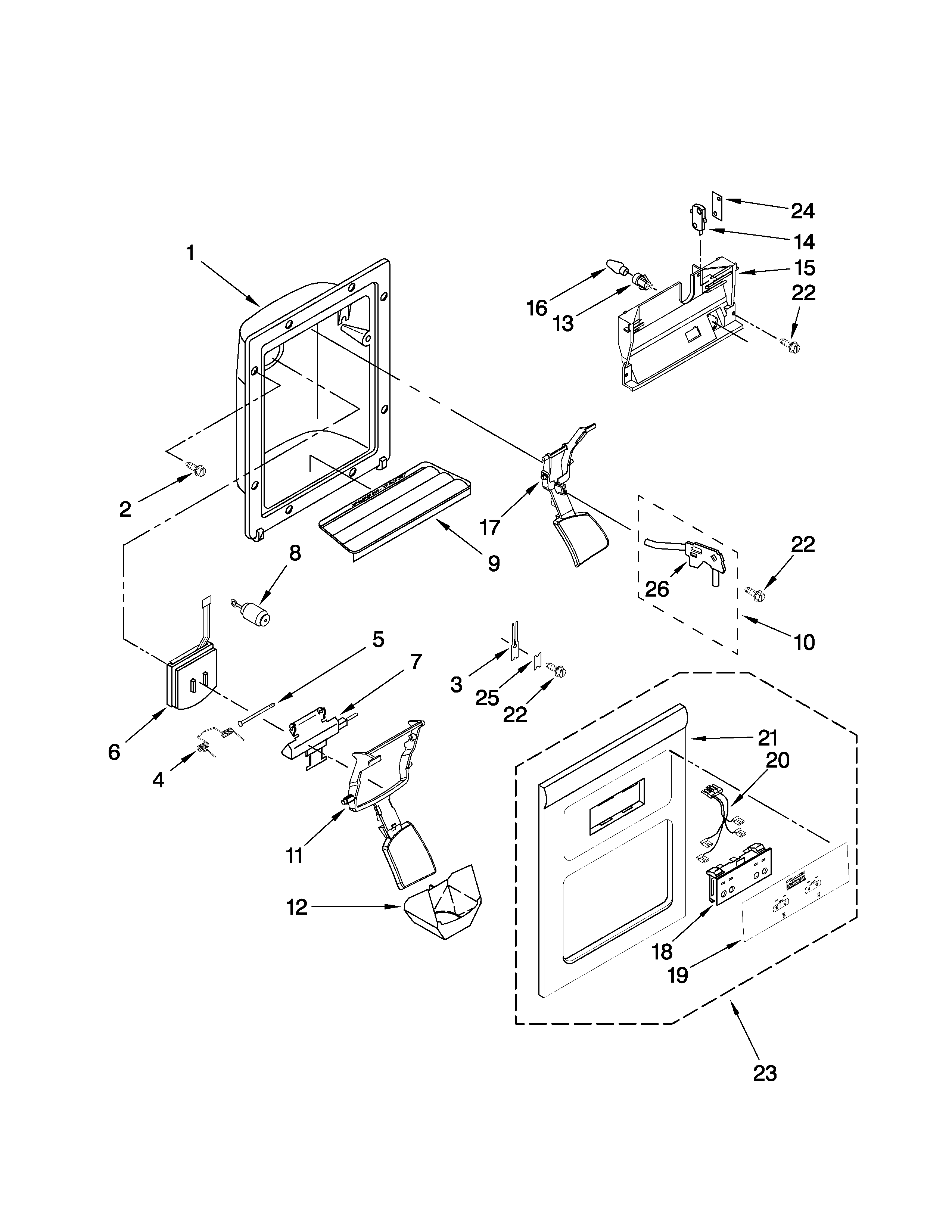 Amana ASD2520WRW00 dispenser front parts diagram