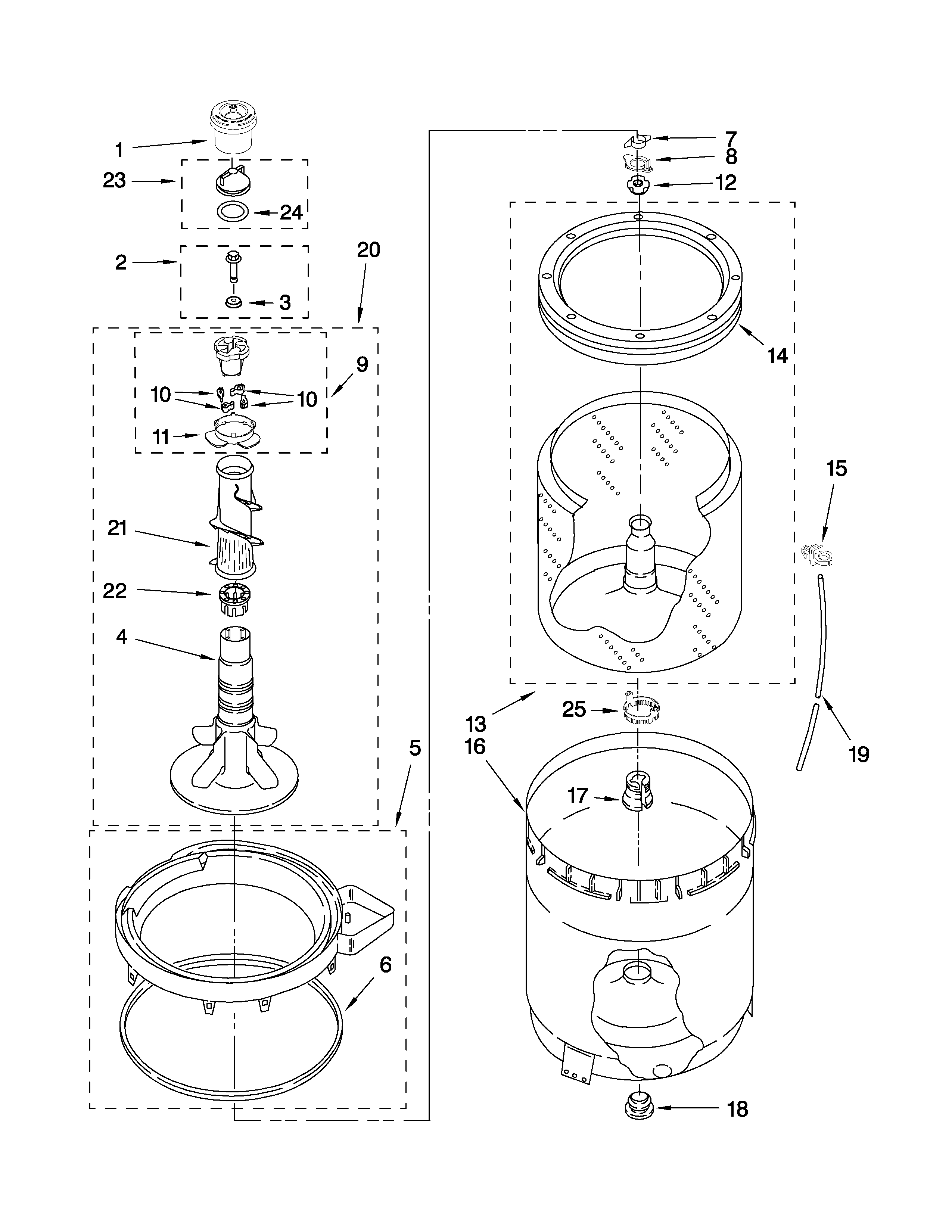Maytag 7MMTS0520WW0 agitator, basket and tub parts diagram