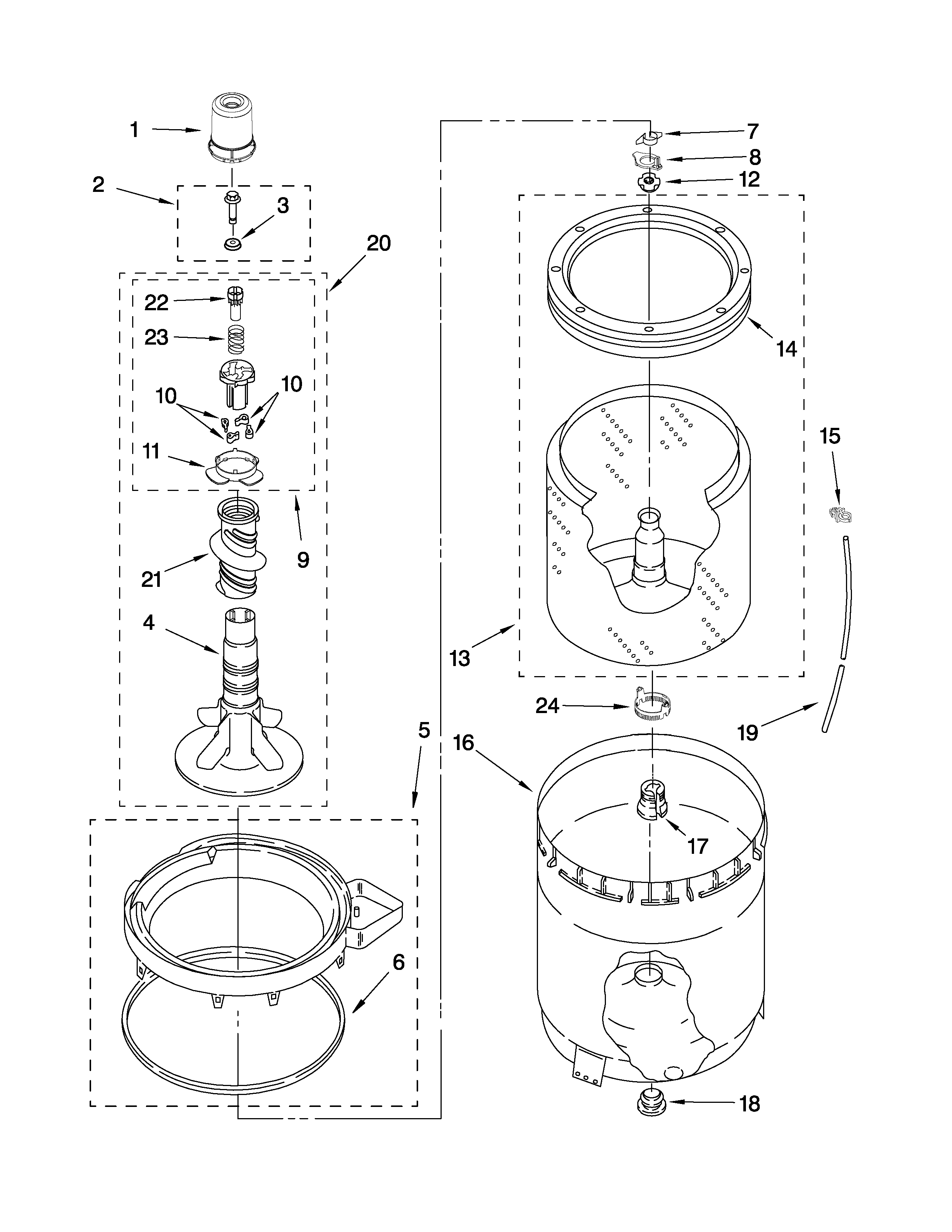 Maytag 7MMMS0560WW0 agitator, basket and tub parts diagram